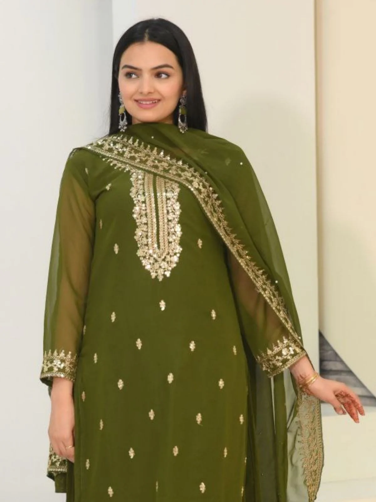 Odette Olive green Georgette Embroidered Stitched Kurta Set For Women - Image 3