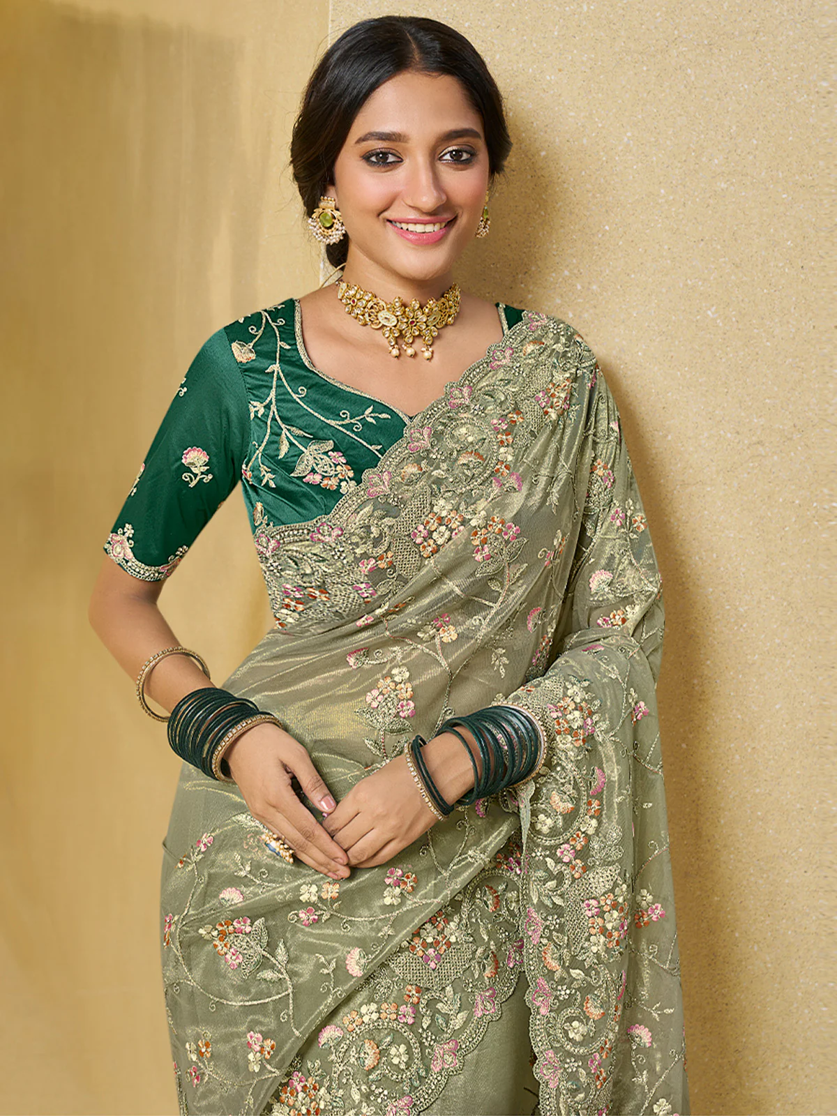 Odette Olive Green Net Embroidered Saree With Unstitched Blouse For Women - Image 2