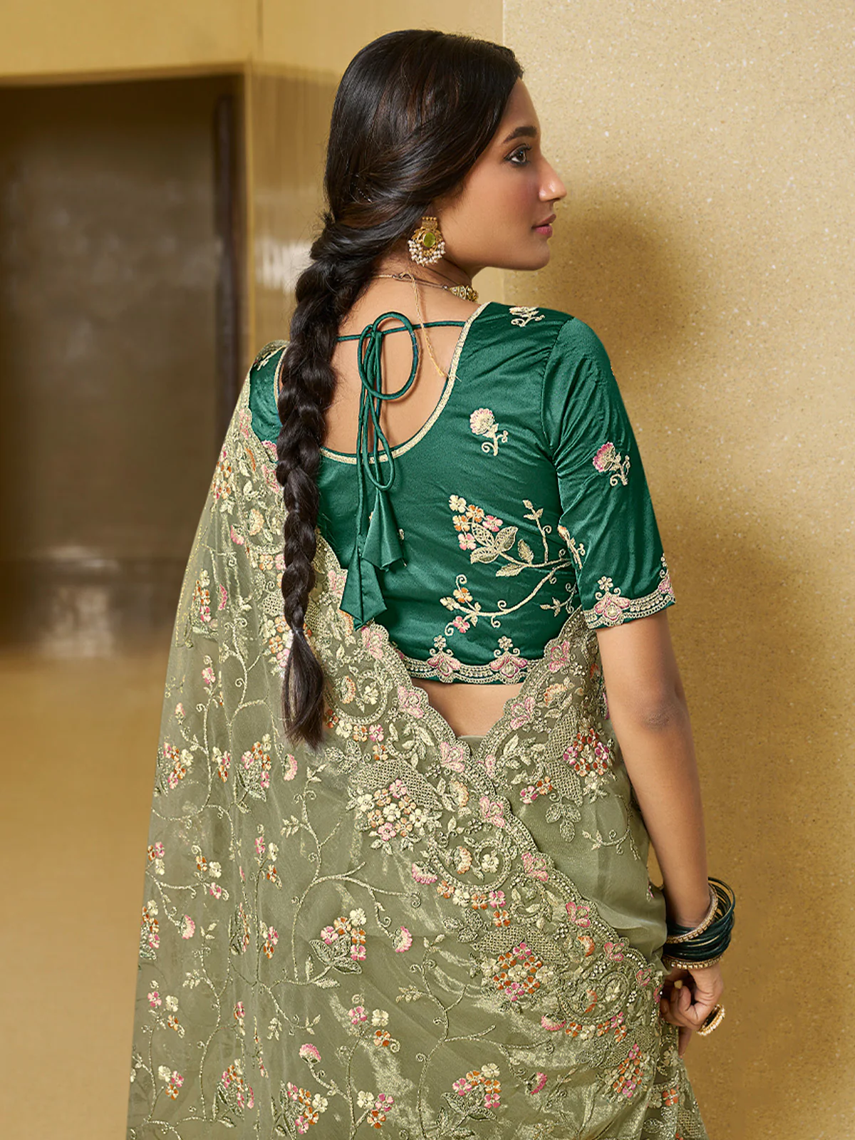 Odette Olive Green Net Embroidered Saree With Unstitched Blouse For Women - Image 3