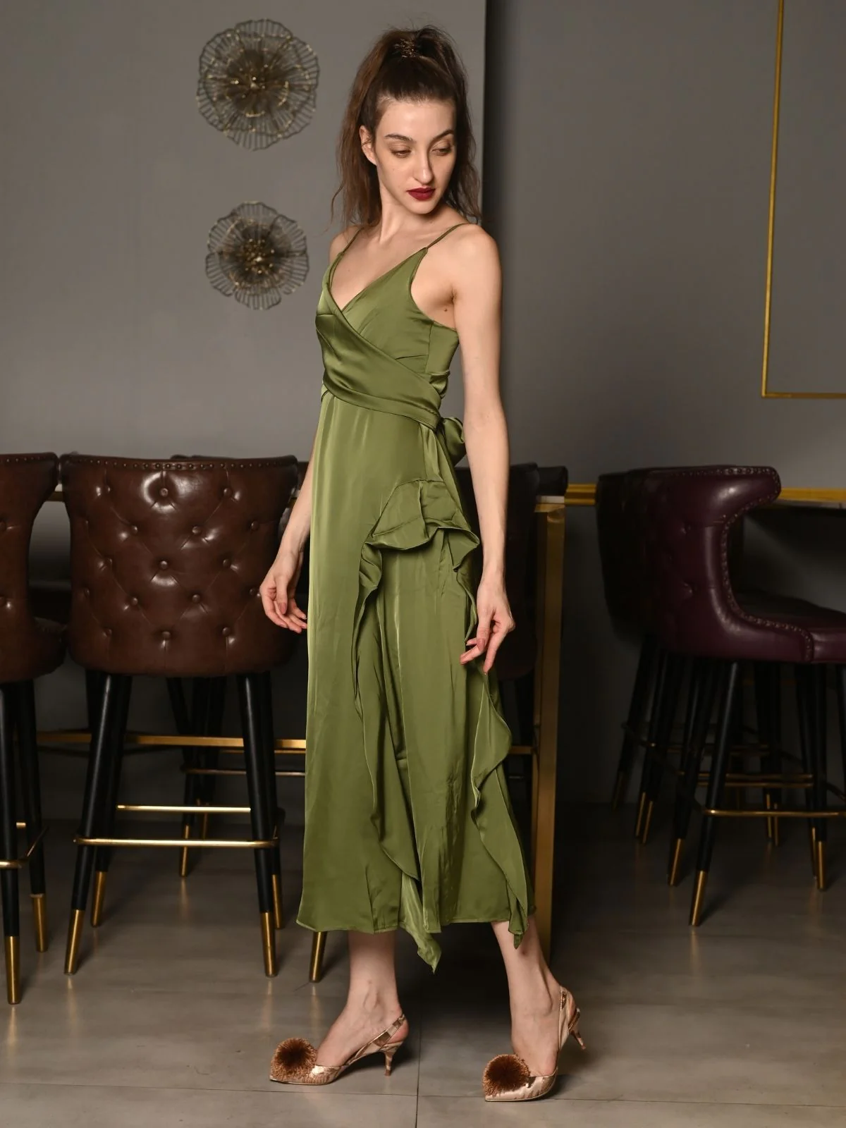 Odette Olive Green Polyester Satin Solid Dress for Women - Image 3