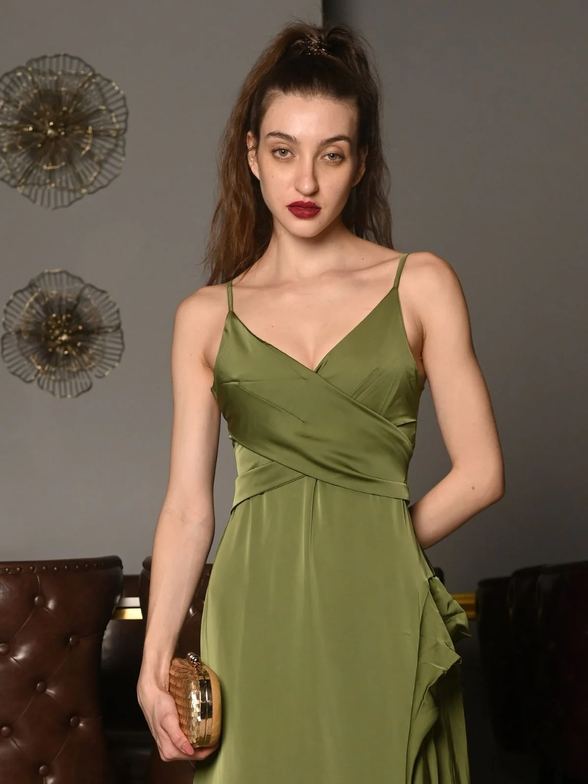 Odette Olive Green Polyester Satin Solid Dress for Women - Image 5