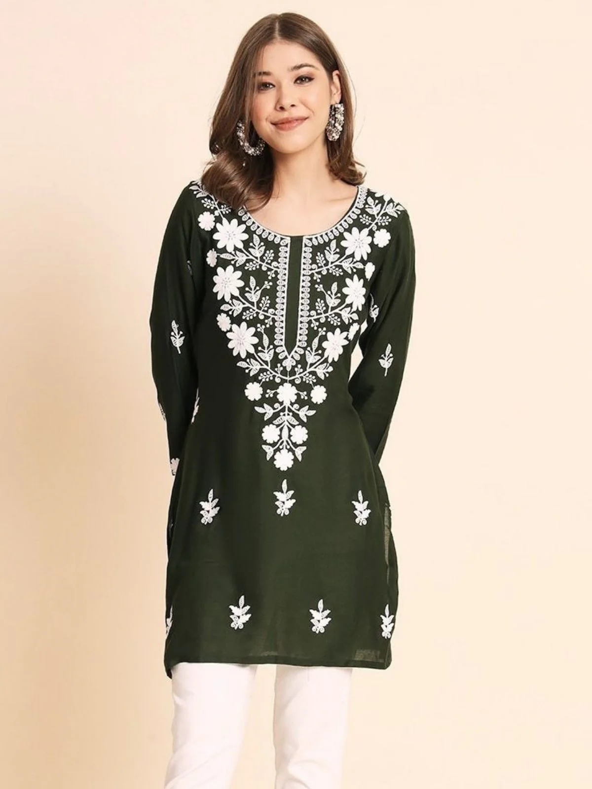 Odette Olive Green Rayon Embroidered Kurti For Women - Image 2