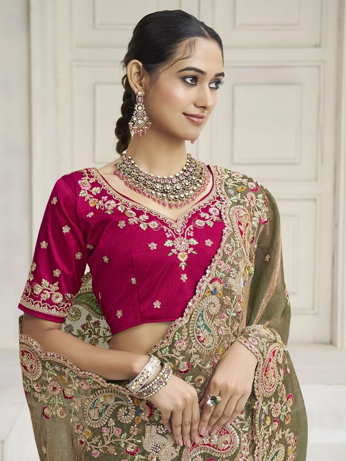 Odette Olive Green Satin Embroidered Saree For Women - Image 2