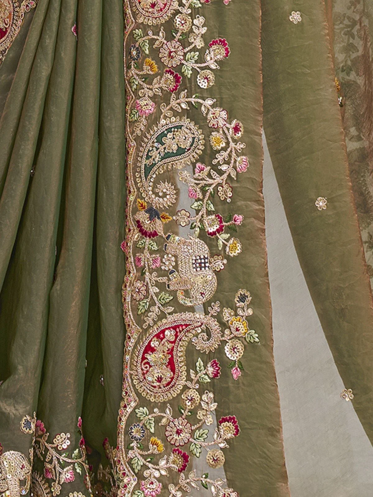 Odette Olive Green Satin Embroidered Saree For Women - Image 4