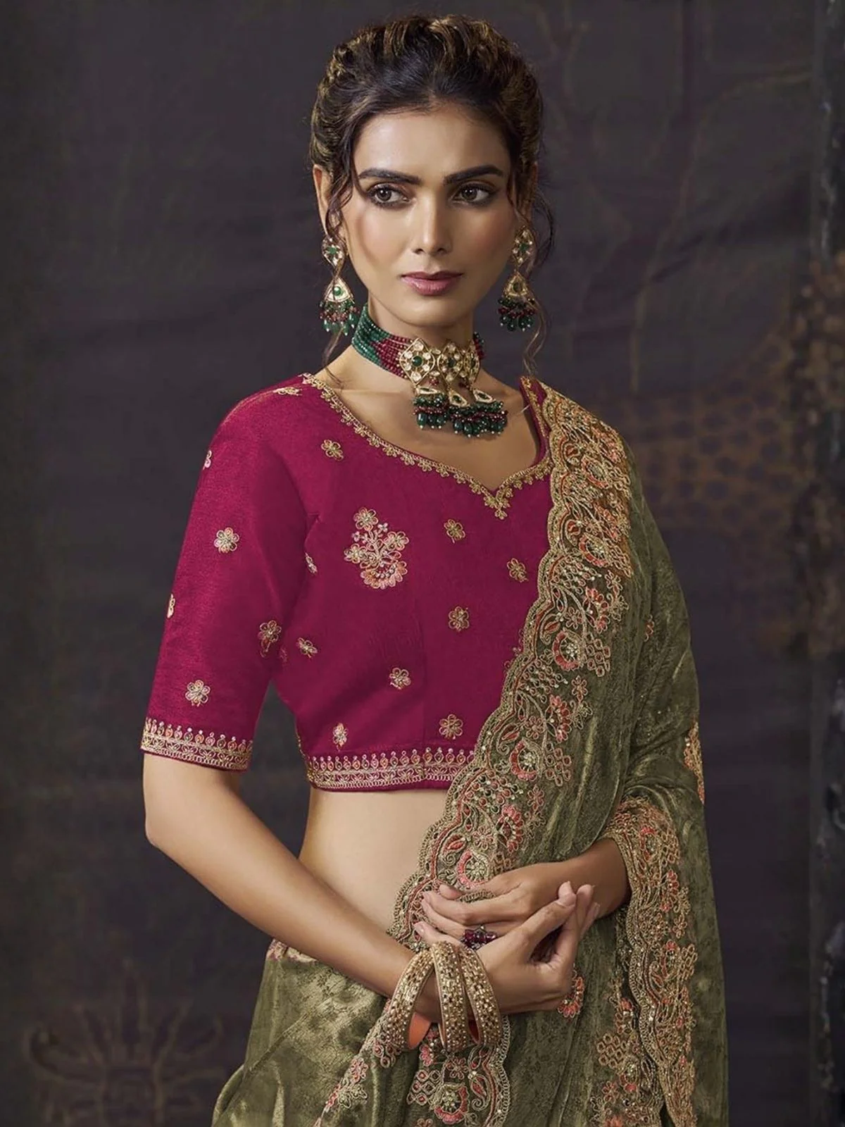 Odette Olive Green Satin Embroidered Saree For Women - Image 2