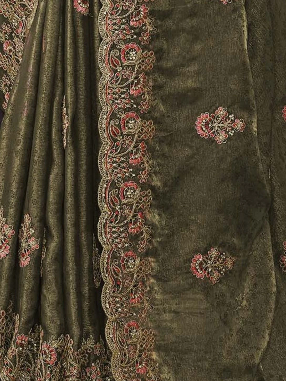 Odette Olive Green Satin Embroidered Saree For Women - Image 3