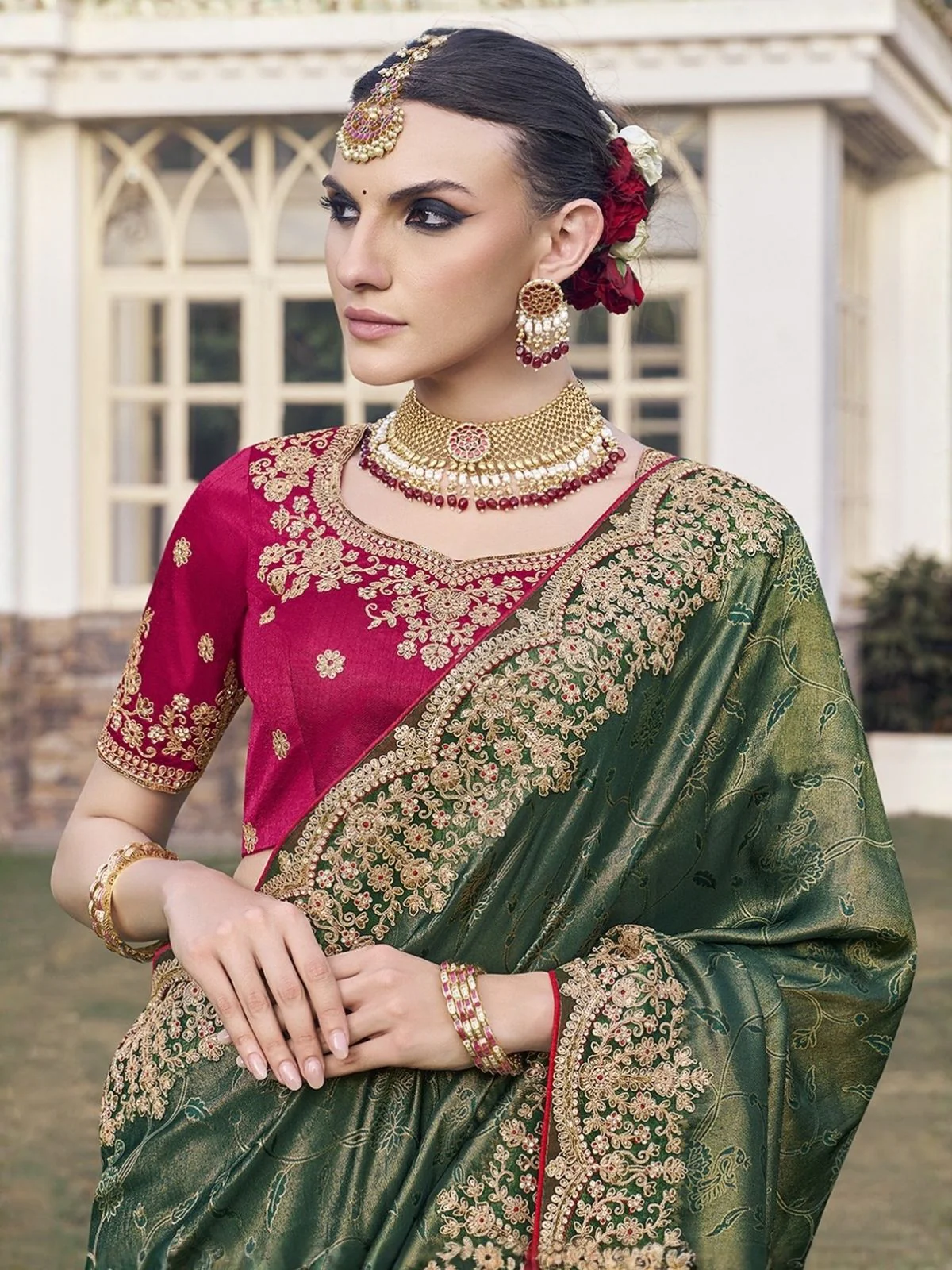 Odette Olive Green Satin Embroidered Saree For Women - Image 2