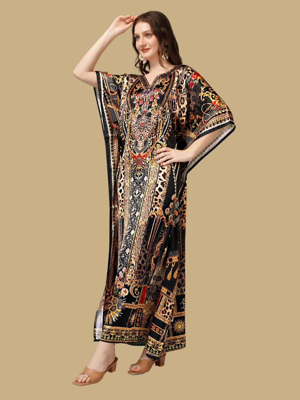 Odette Black Satin Printed Kaftan For Women - Image 2