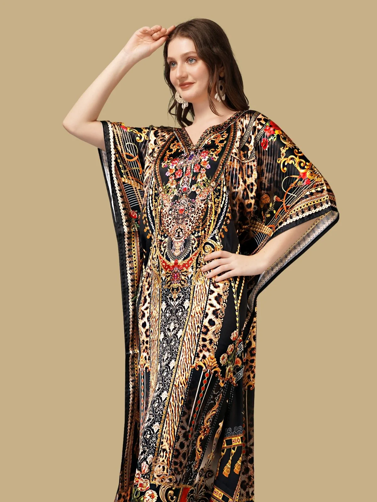 Odette Black Satin Printed Kaftan For Women - Image 4