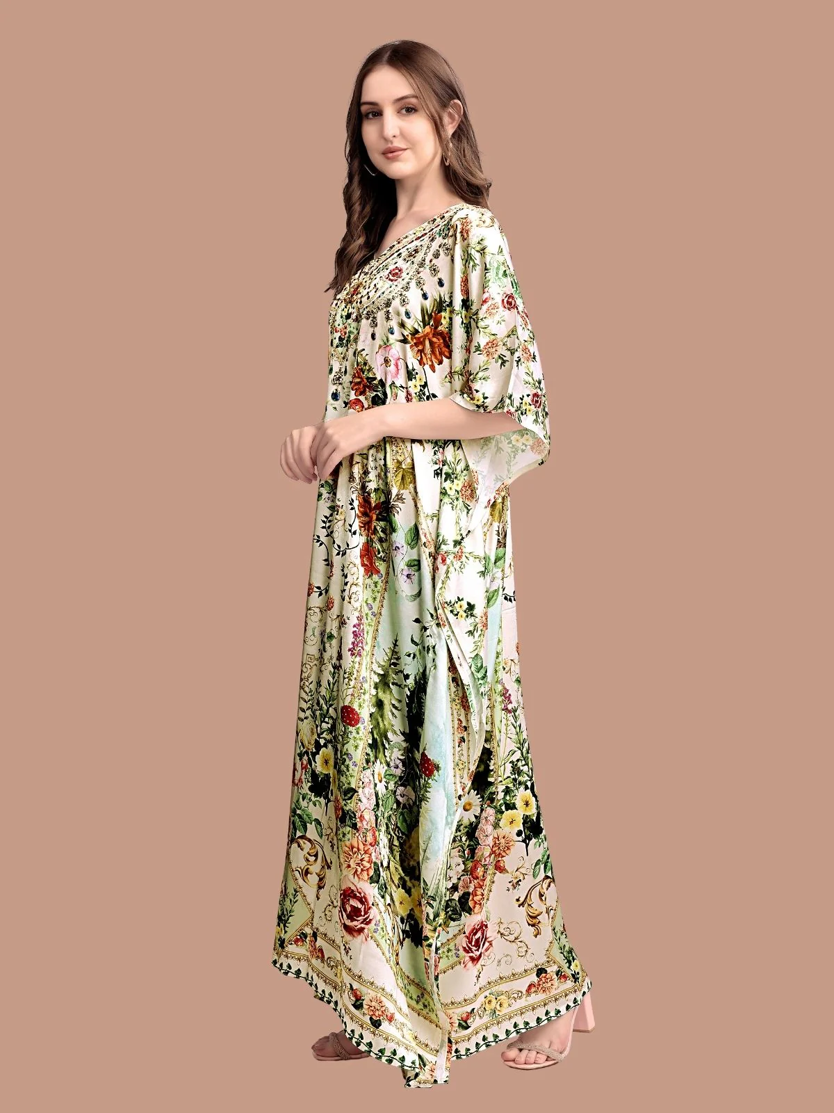 Odette Olive Green Satin Printed Kaftan For Women - Image 2
