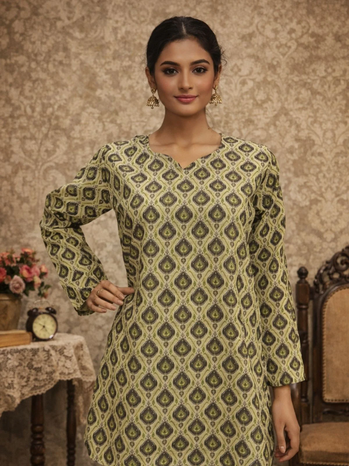 Odette Olive Green Silk Blend Printed Solid Kurti For Women - Image 4