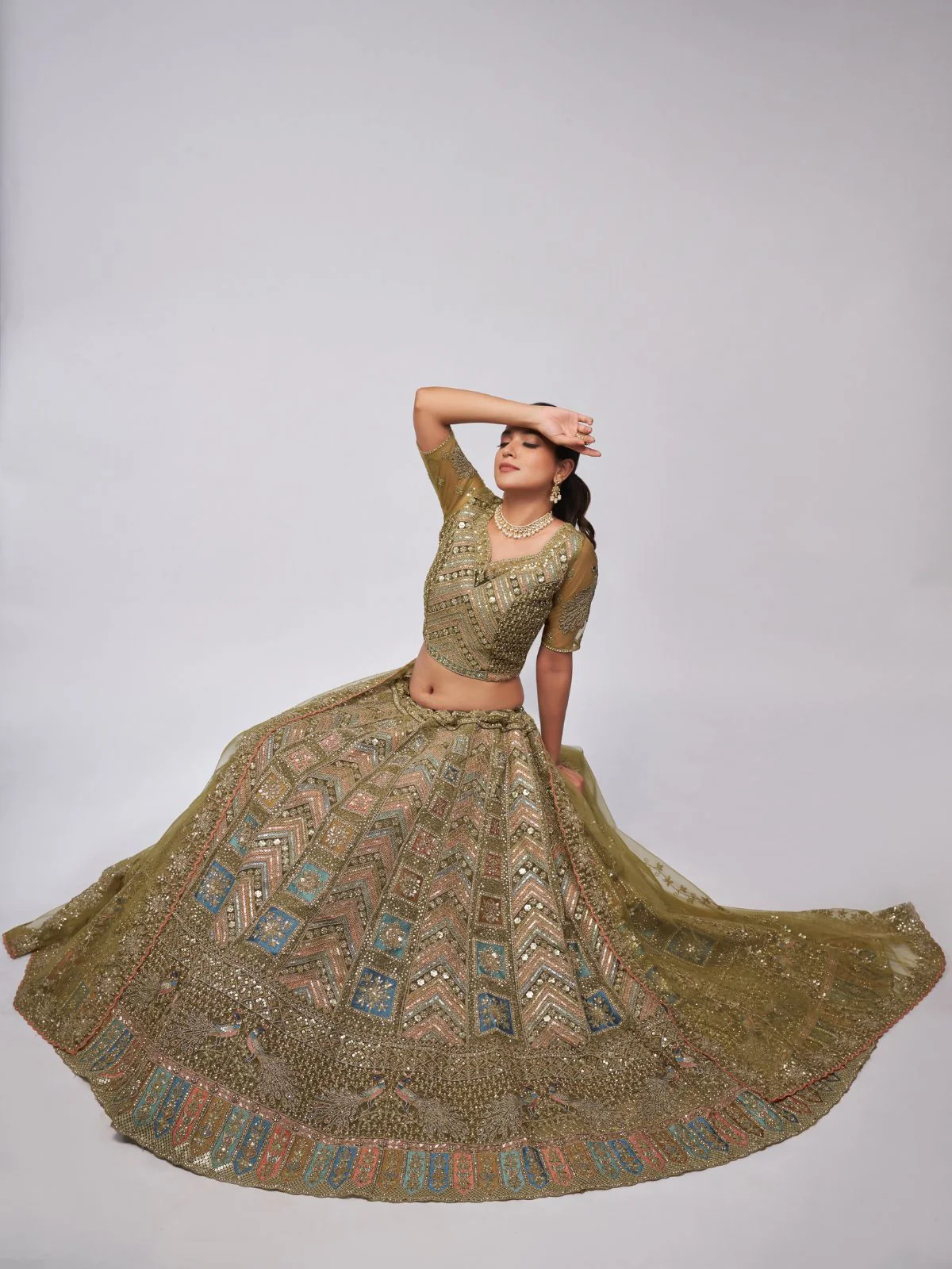 Odette Olive Green Soft Net Embroidered Semi Stitched Lehenga With Unstitched Blouse For Women - Image 2