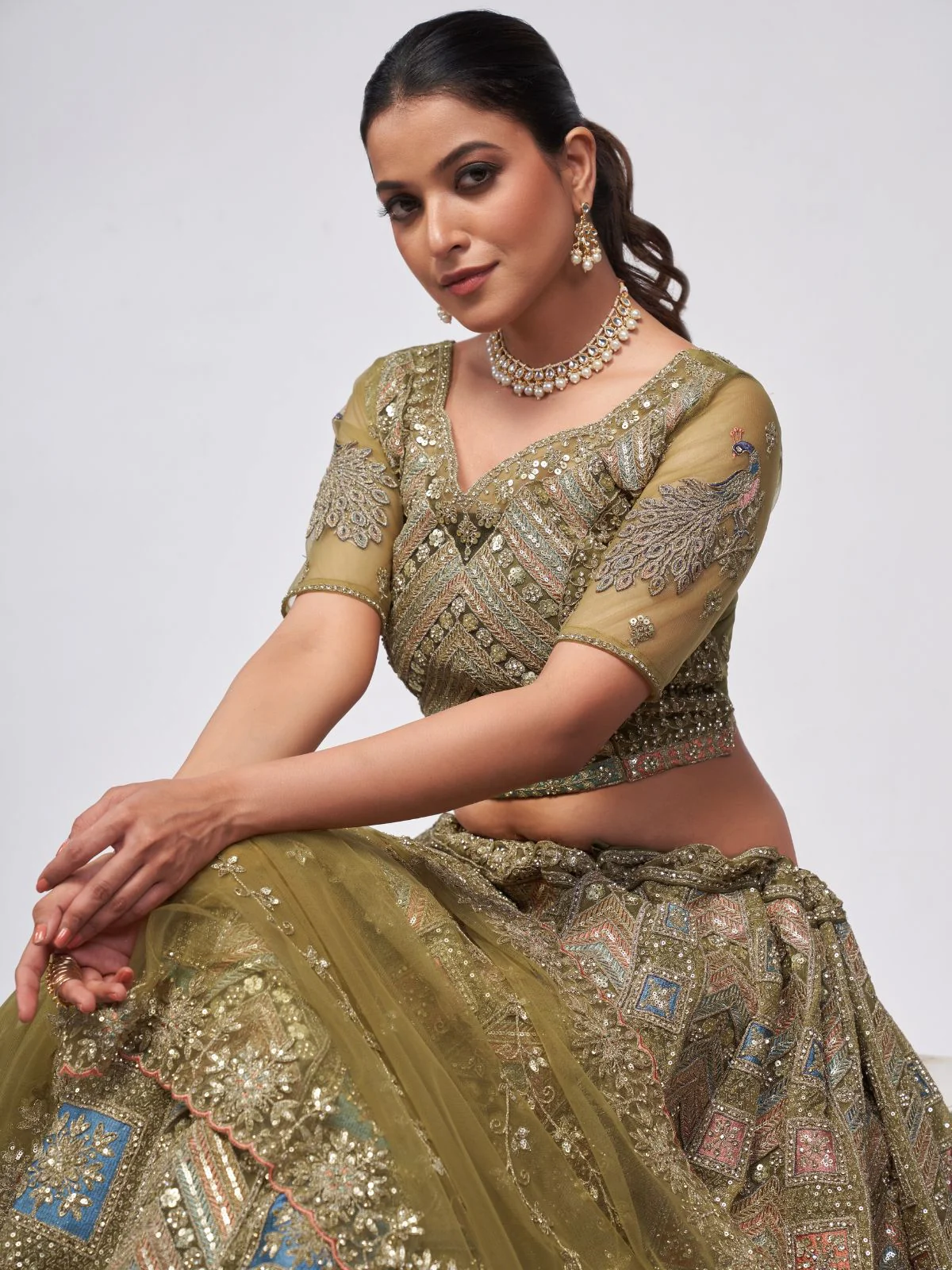 Odette Olive Green Soft Net Embroidered Semi Stitched Lehenga With Unstitched Blouse For Women - Image 4