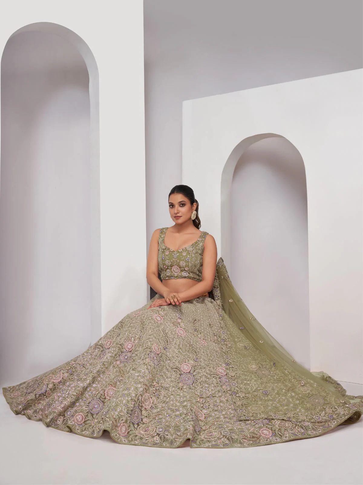 Odette Olive Green Soft Net Embroidered Semi Stitched Lehenga With Unstitched Blouse For Women - Image 2