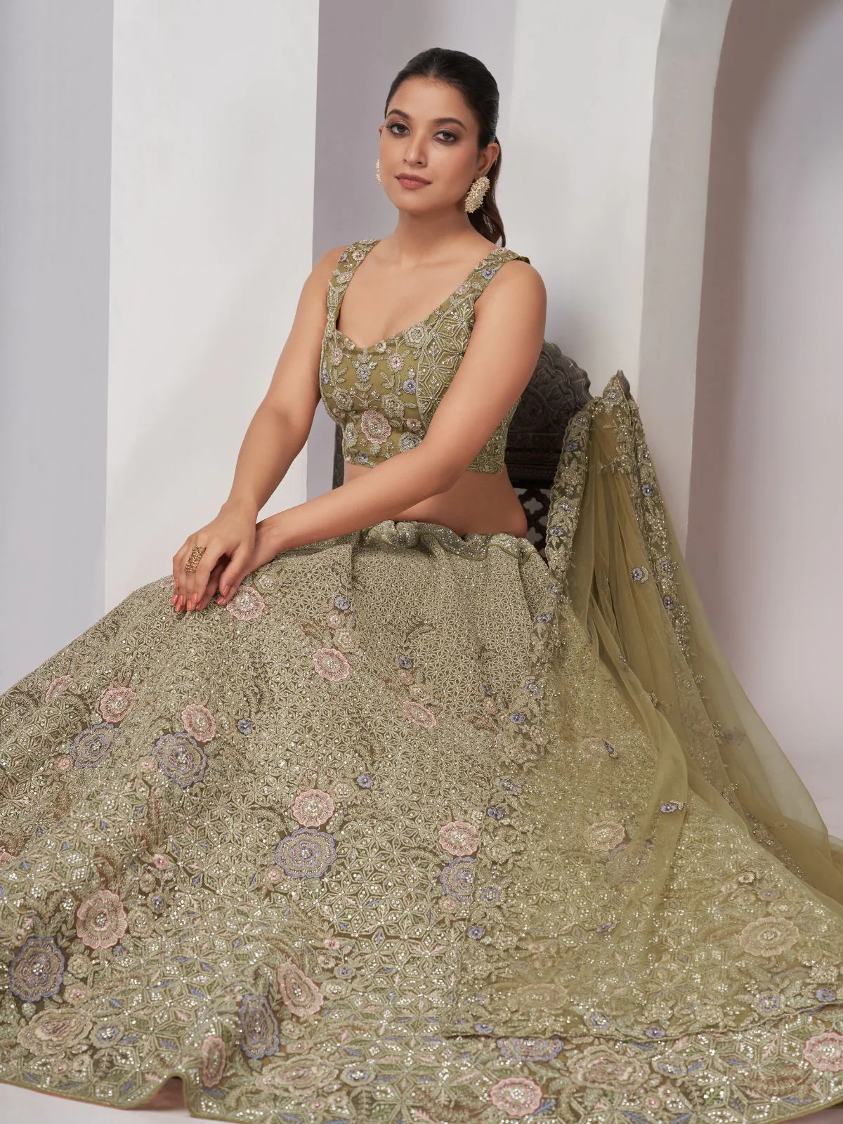 Odette Olive Green Soft Net Embroidered Semi Stitched Lehenga With Unstitched Blouse For Women - Image 3