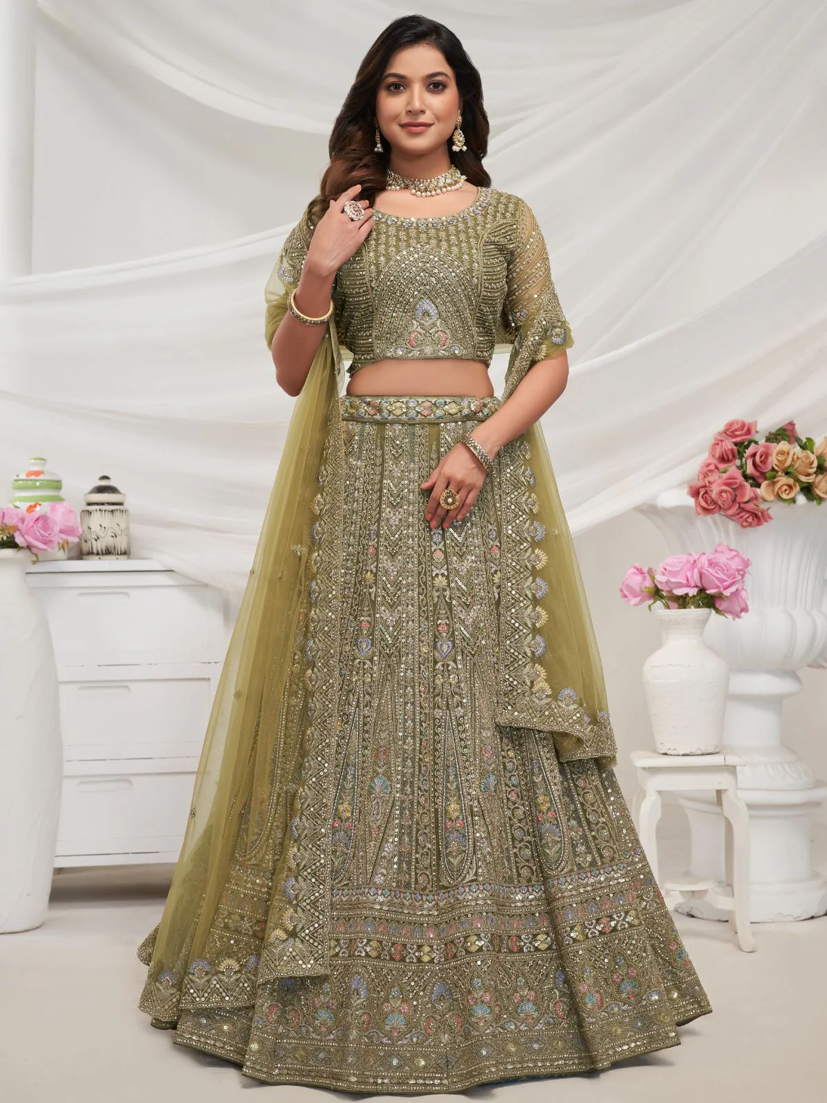Odette Olive Green Soft Net Embroidered Semi Stitched Lehenga With Unstitched Blouse For Women - Image 2
