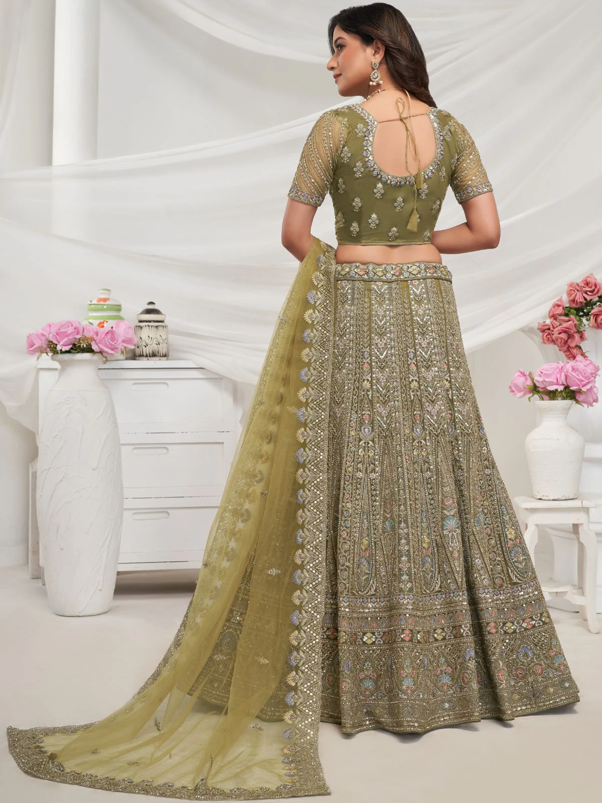 Odette Olive Green Soft Net Embroidered Semi Stitched Lehenga With Unstitched Blouse For Women - Image 4