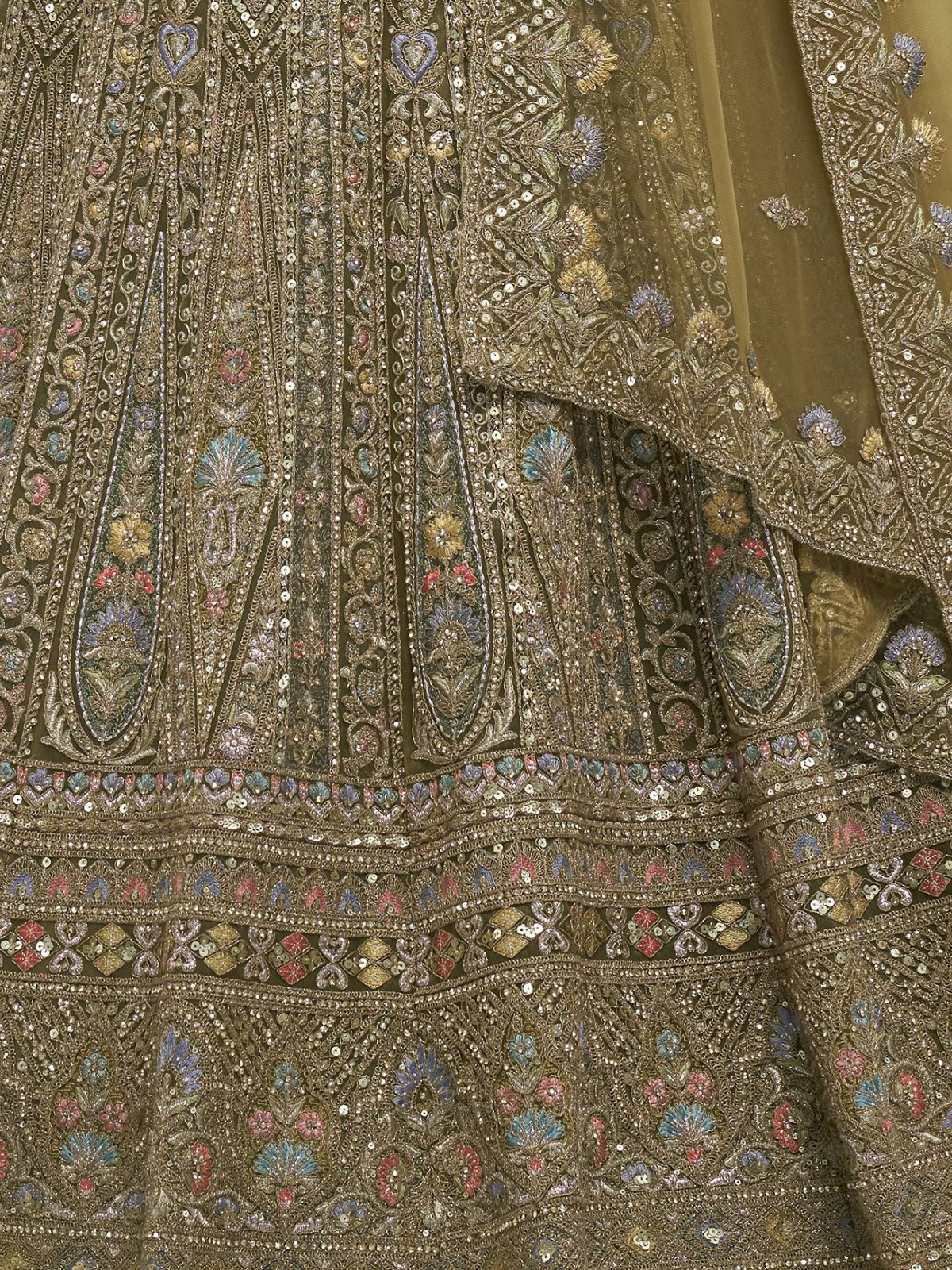 Odette Olive Green Soft Net Embroidered Semi Stitched Lehenga With Unstitched Blouse For Women - Image 5