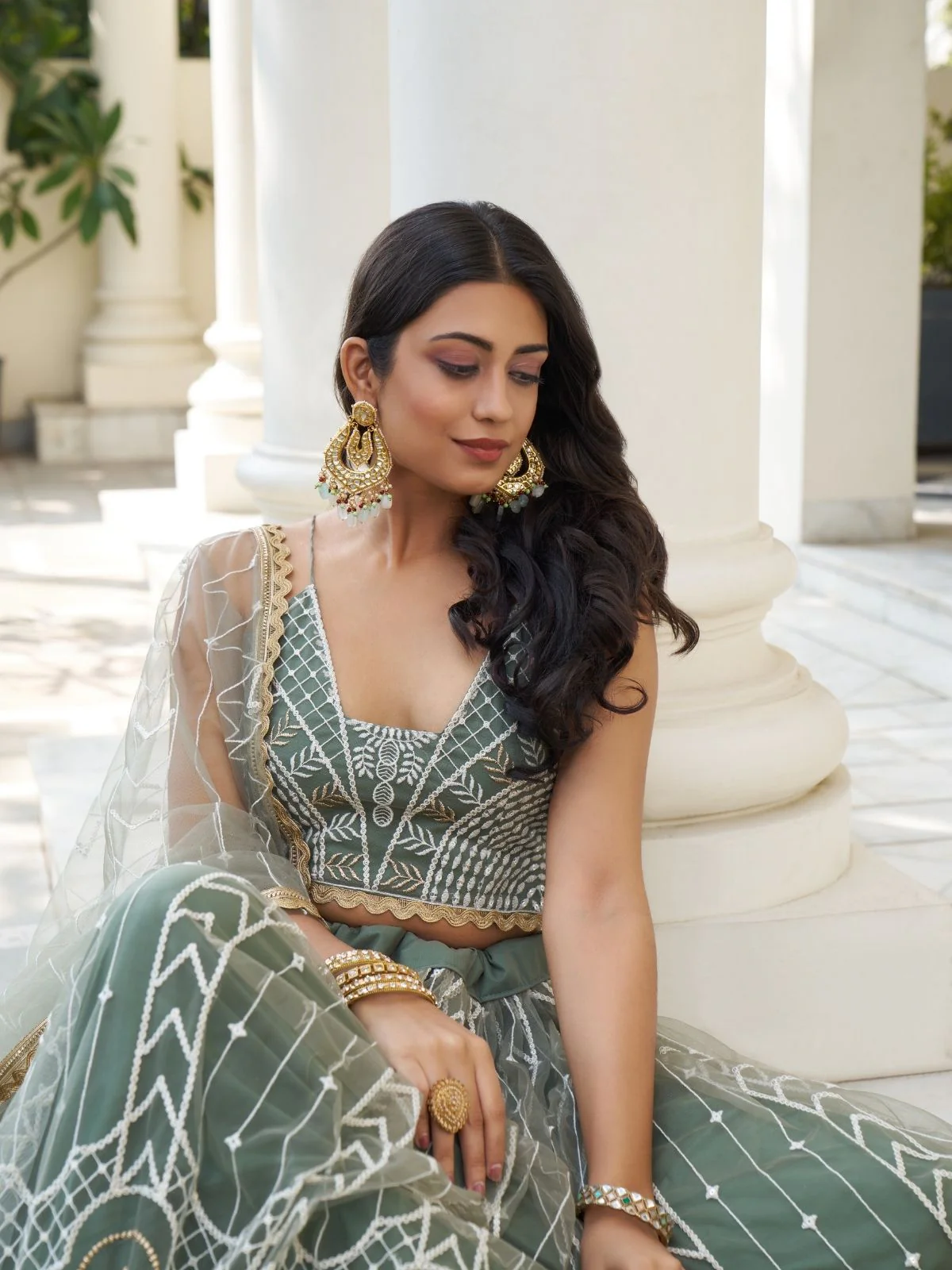 Odette Olive Net Embroidered Semi Stitched Lehenga For Women - Image 3