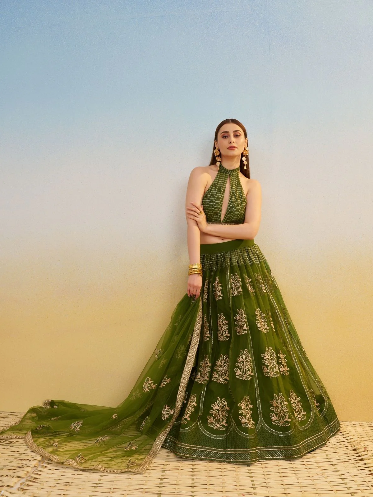 Odette Olive Net Embroidered Semi Stitched Lehenga For Women - Image 2