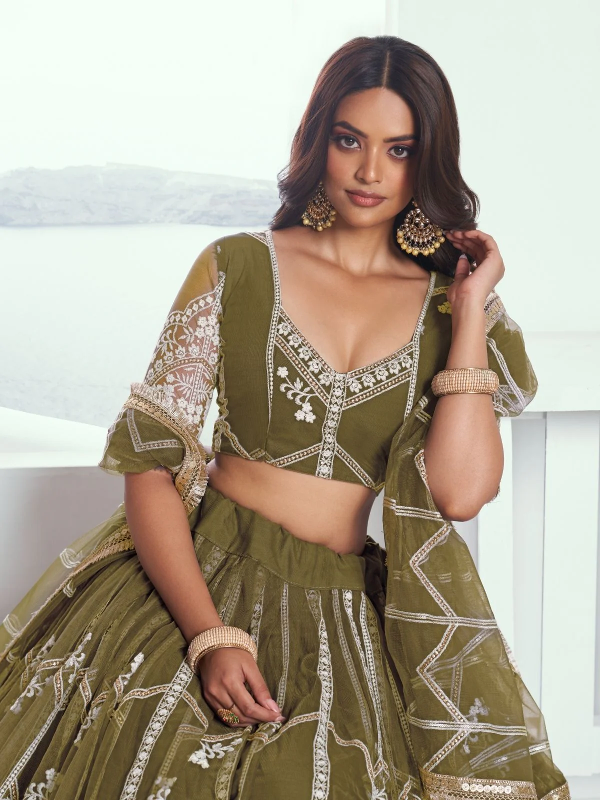 Odette Olive Net Embroidered Semi Stitched Lehenga For Women - Image 2