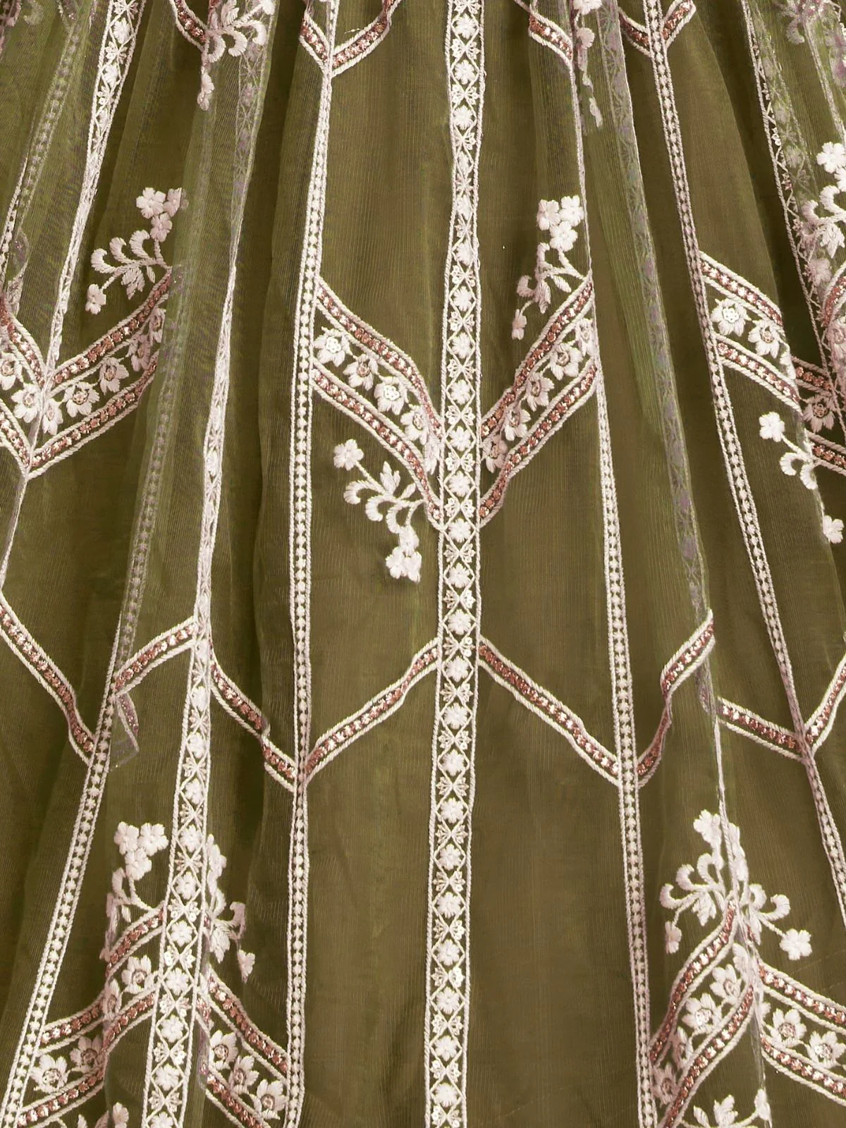 Odette Olive Net Embroidered Semi Stitched Lehenga For Women - Image 4