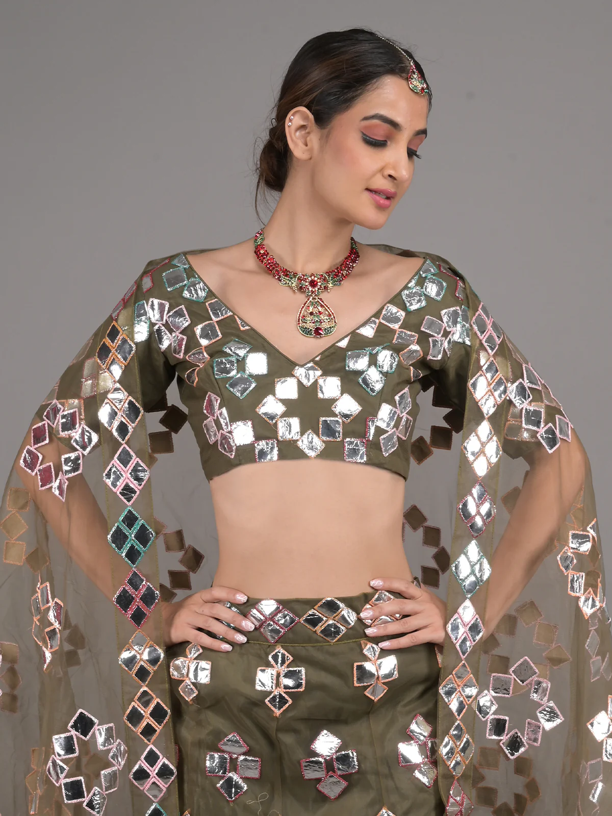 Odette Olive Net Foil Mirror Work Stitched Lehenga Set For Women - Image 4