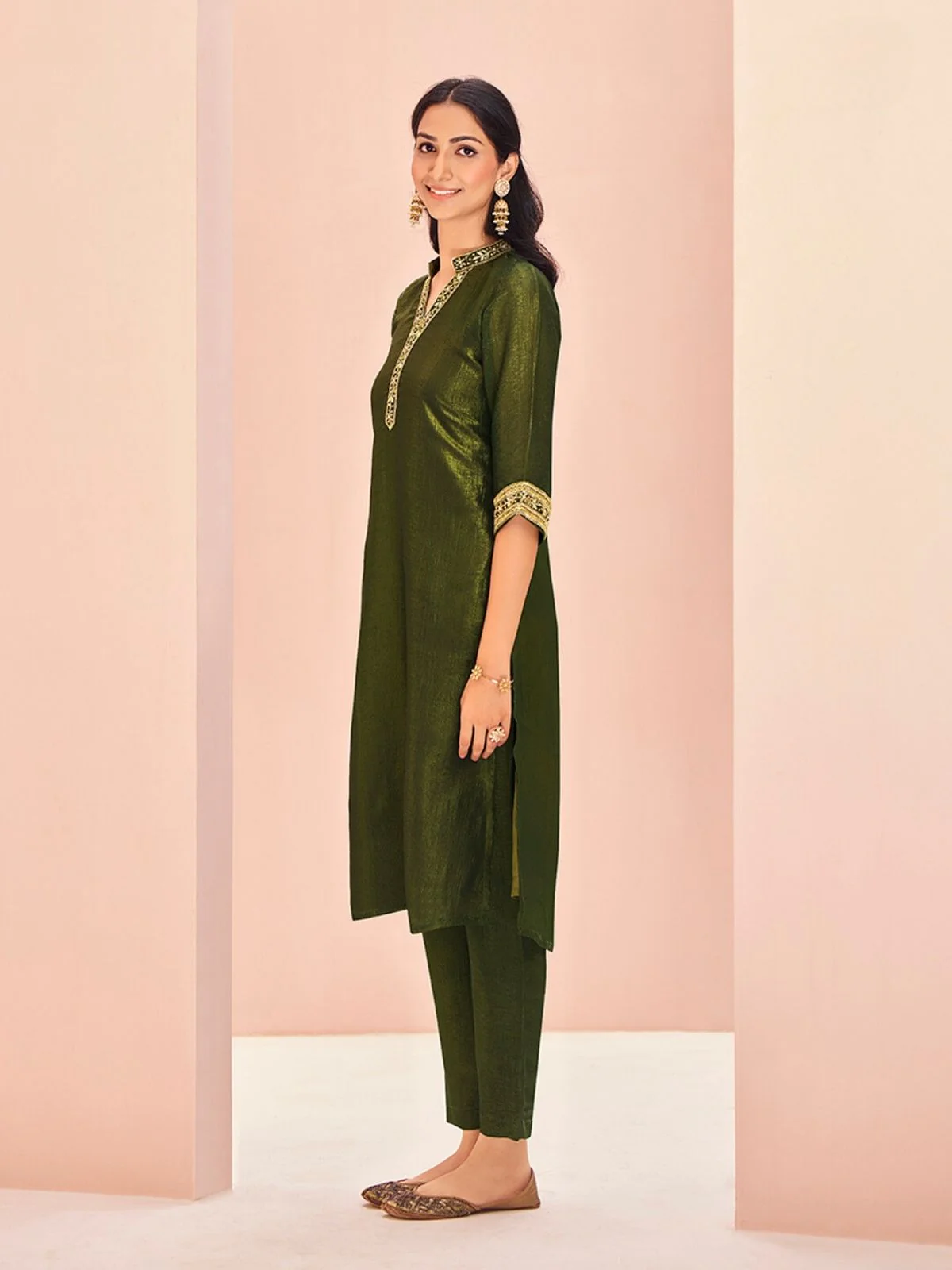 Odette Olive Organza Embroidered Stitched Kurta Set For Women - Image 3