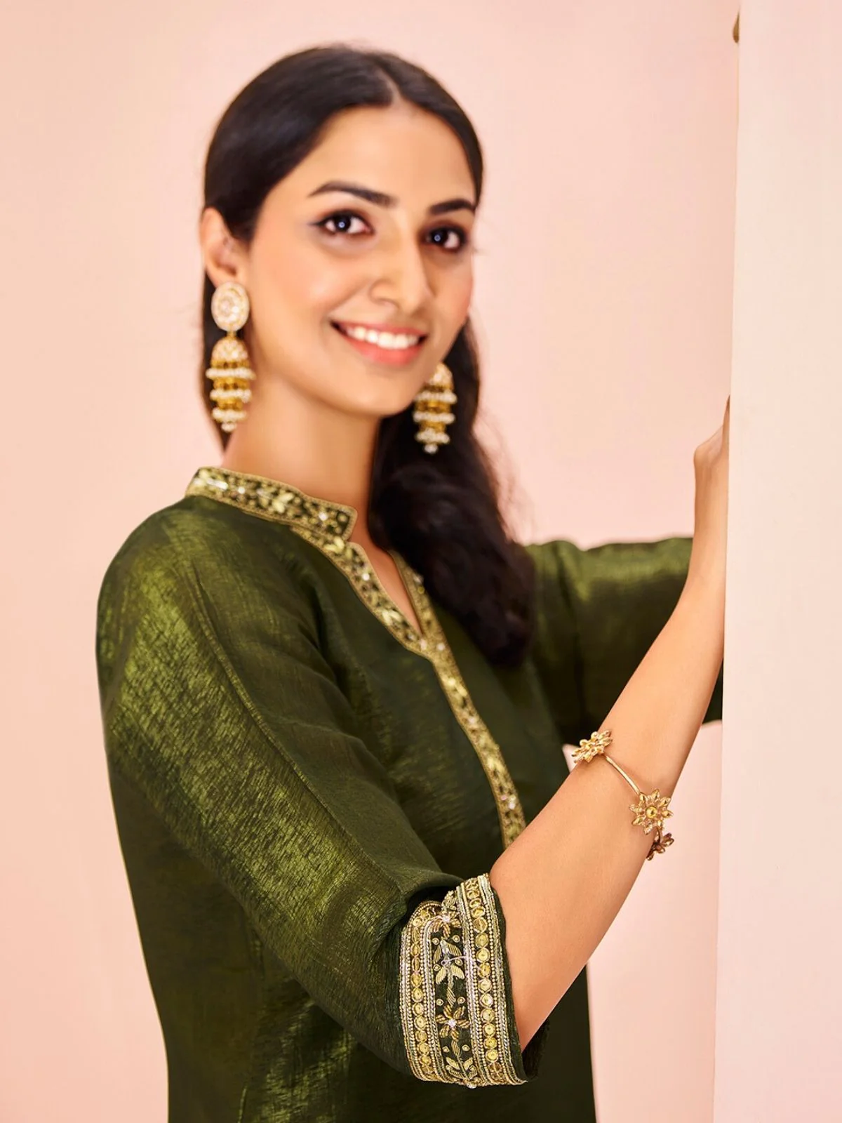 Odette Olive Organza Embroidered Stitched Kurta Set For Women - Image 6