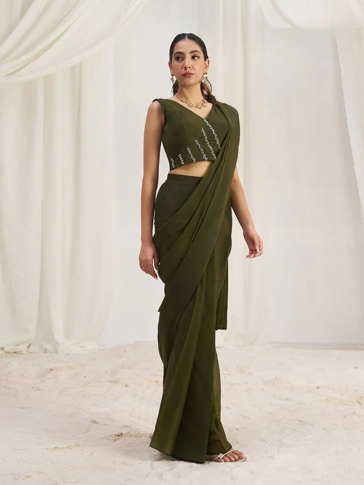Odette Olive Organza Solid Ready To Wear Saree With Stitched Blouse For Women - Image 2