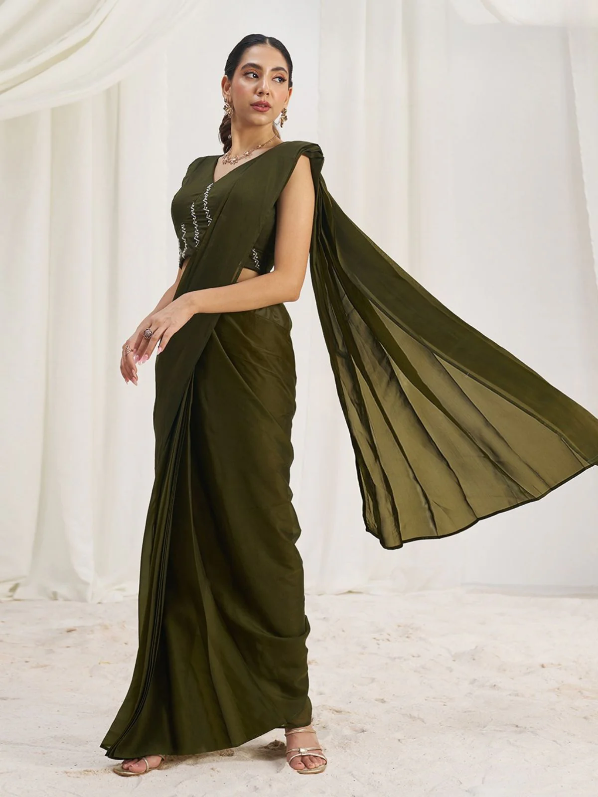 Odette Olive Organza Solid Ready To Wear Saree With Stitched Blouse For Women - Image 3