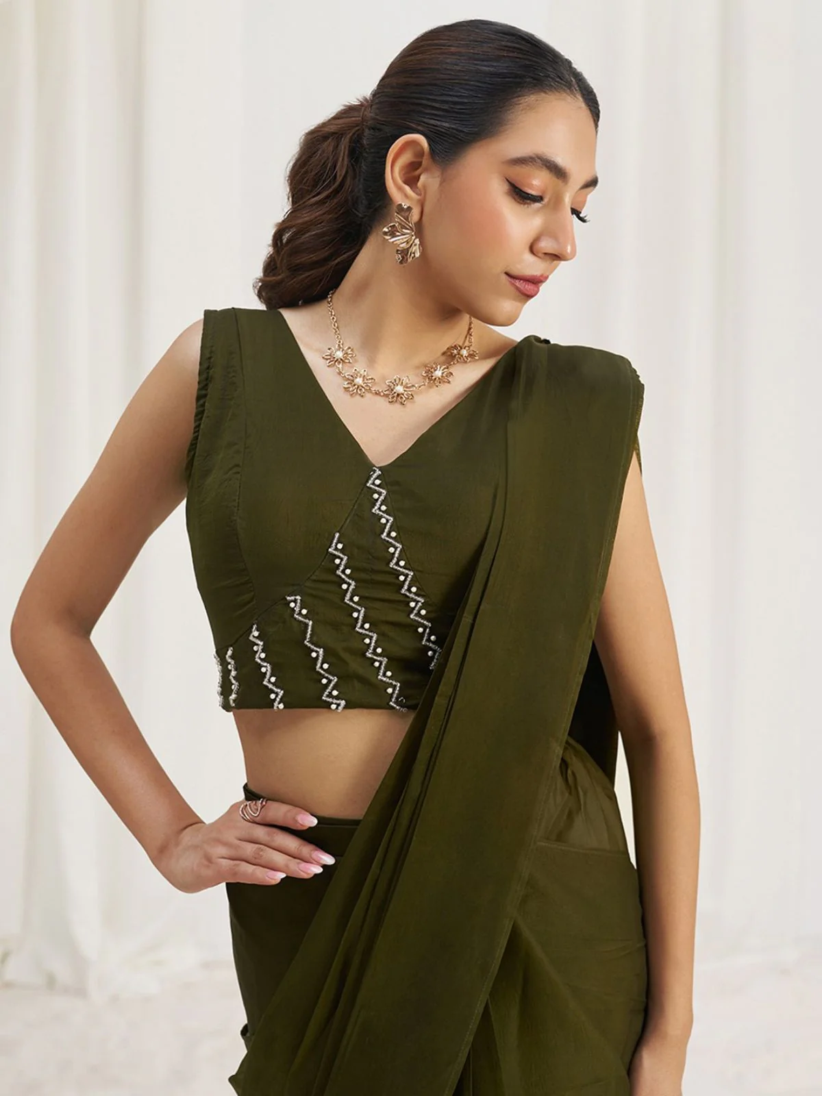 Odette Olive Organza Solid Ready To Wear Saree With Stitched Blouse For Women - Image 6