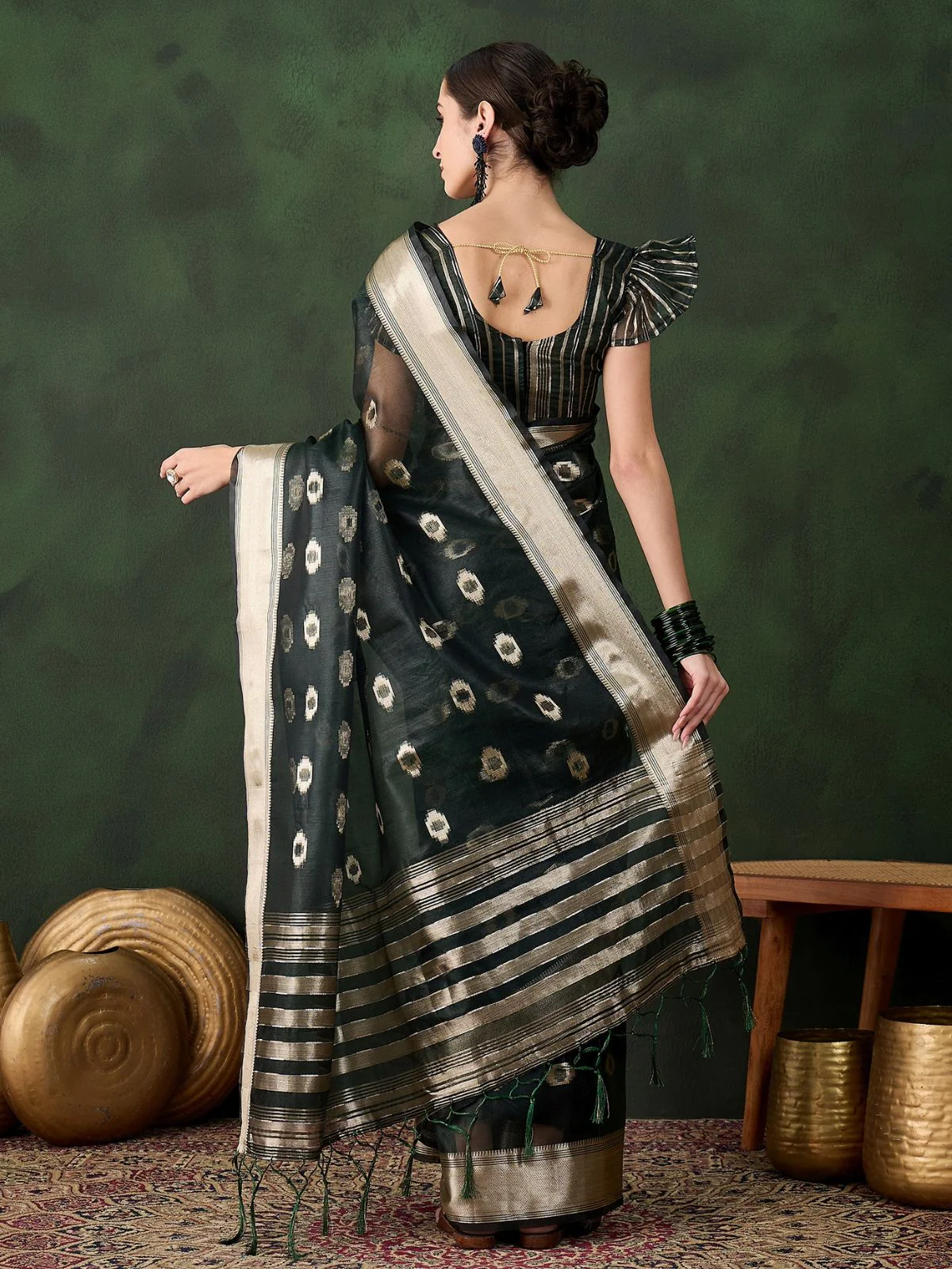 Odette Olive Organza Woven Saree With Unstitched Blouse For Women - Image 3