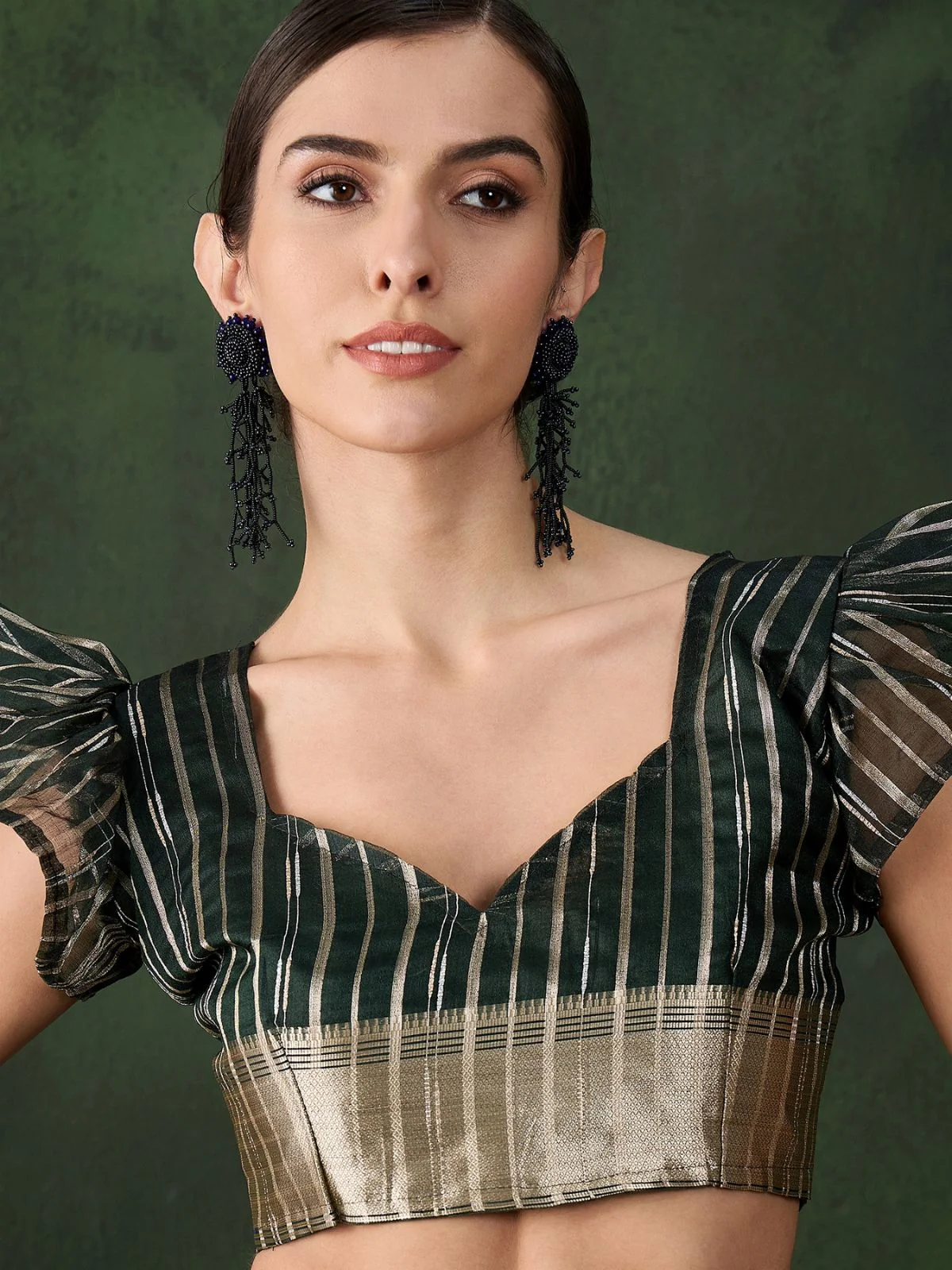 Odette Olive Organza Woven Saree With Unstitched Blouse For Women - Image 5