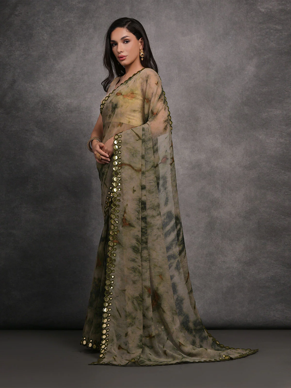 Odette Olive Printed Georgette Saree With Unstitched Blouse For Women - Image 3