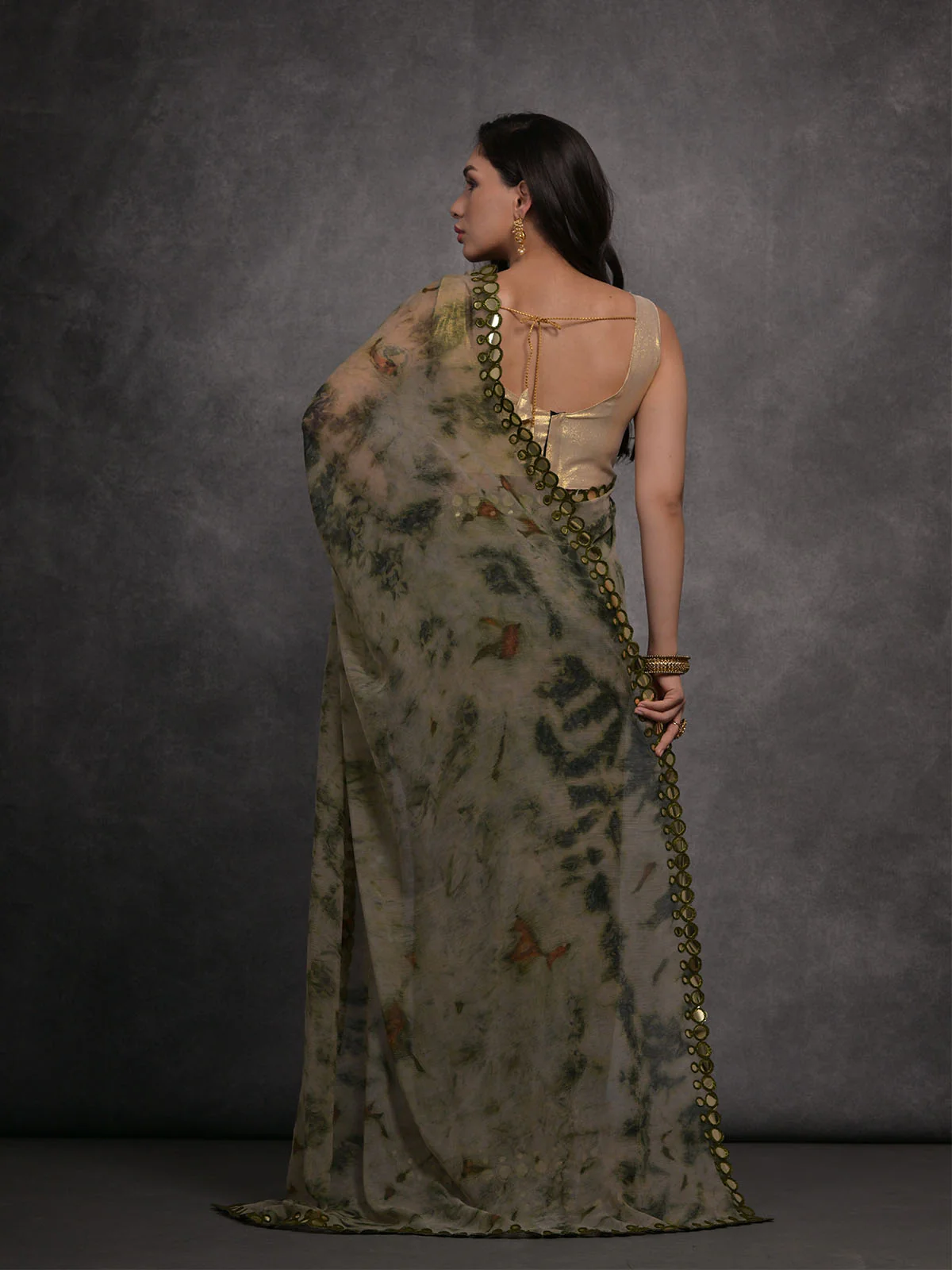 Odette Olive Printed Georgette Saree With Unstitched Blouse For Women - Image 5