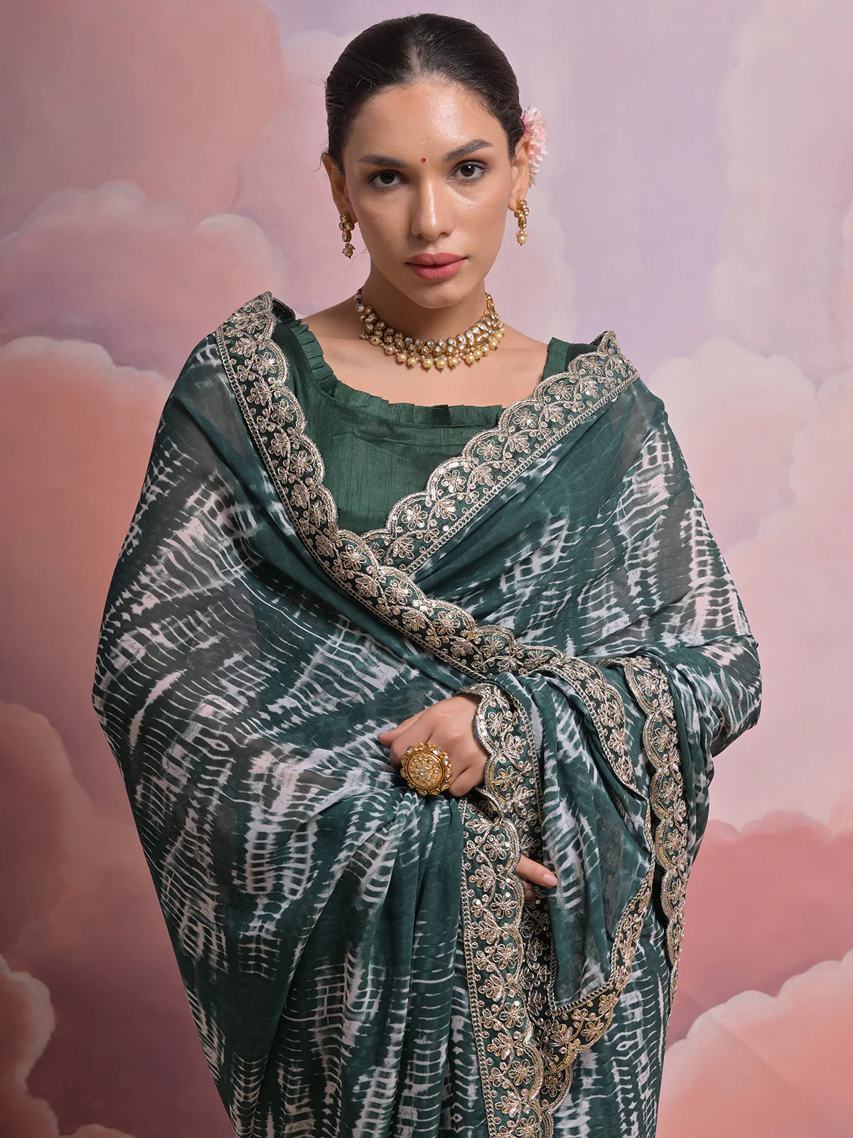Odette Green Printed Georgette  Saree With Unstitched Blouse For Women - Image 4
