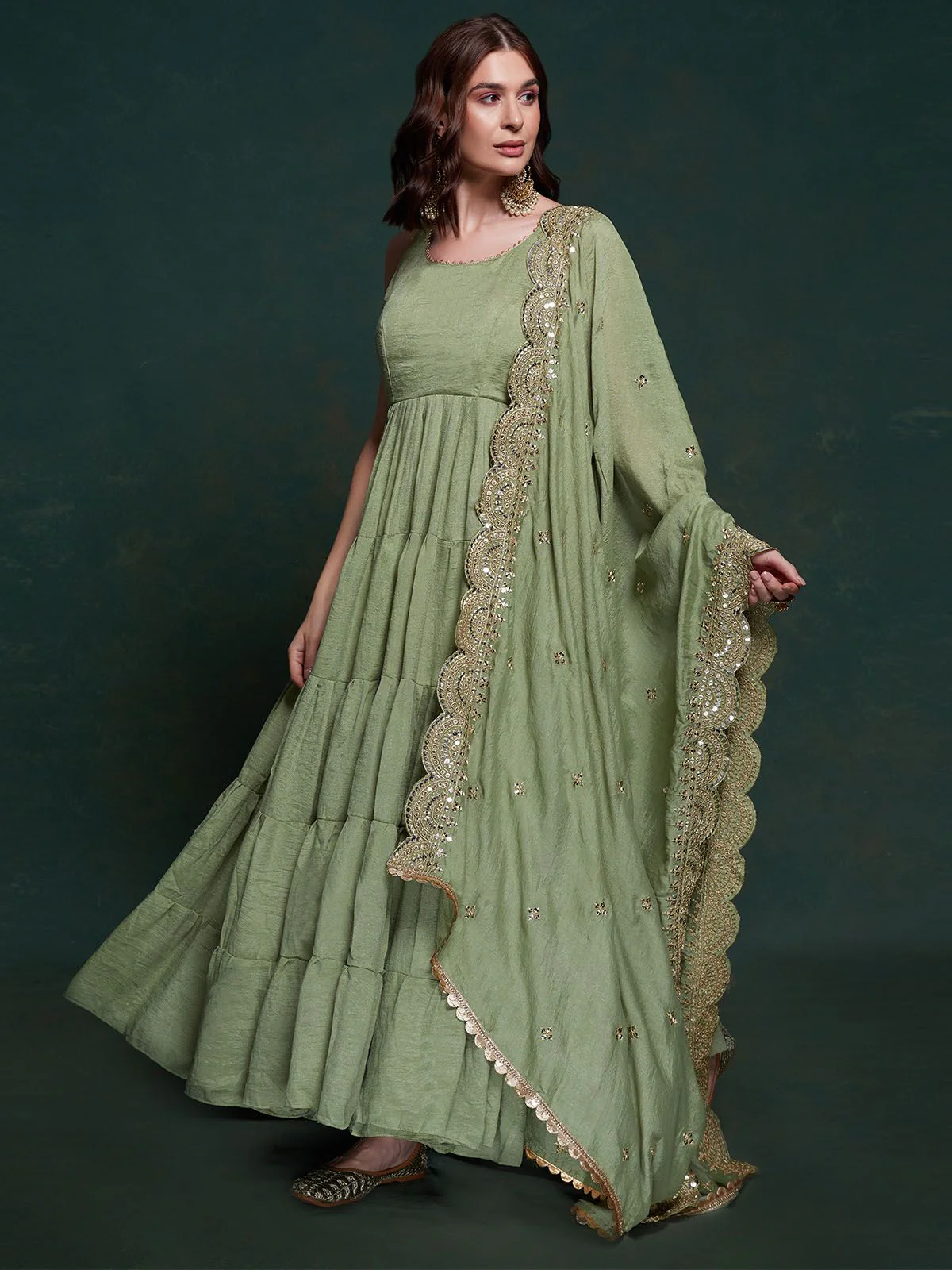 Odette Olive Printed Georgette Stitched Gown For Women - Image 3
