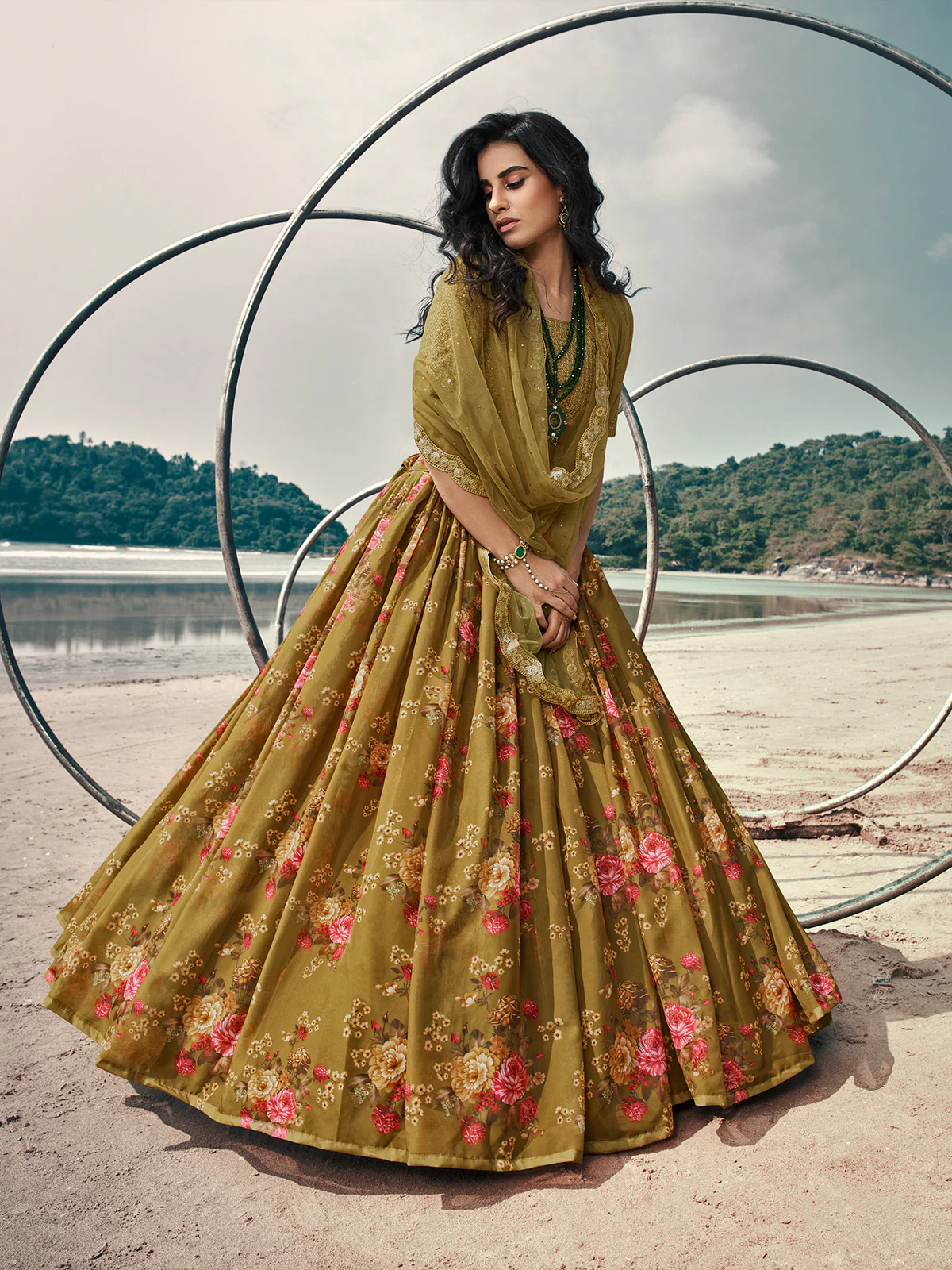 Odette Olive Printed Organza Semi Stitched Lehenga With Blouse For Women - Image 2
