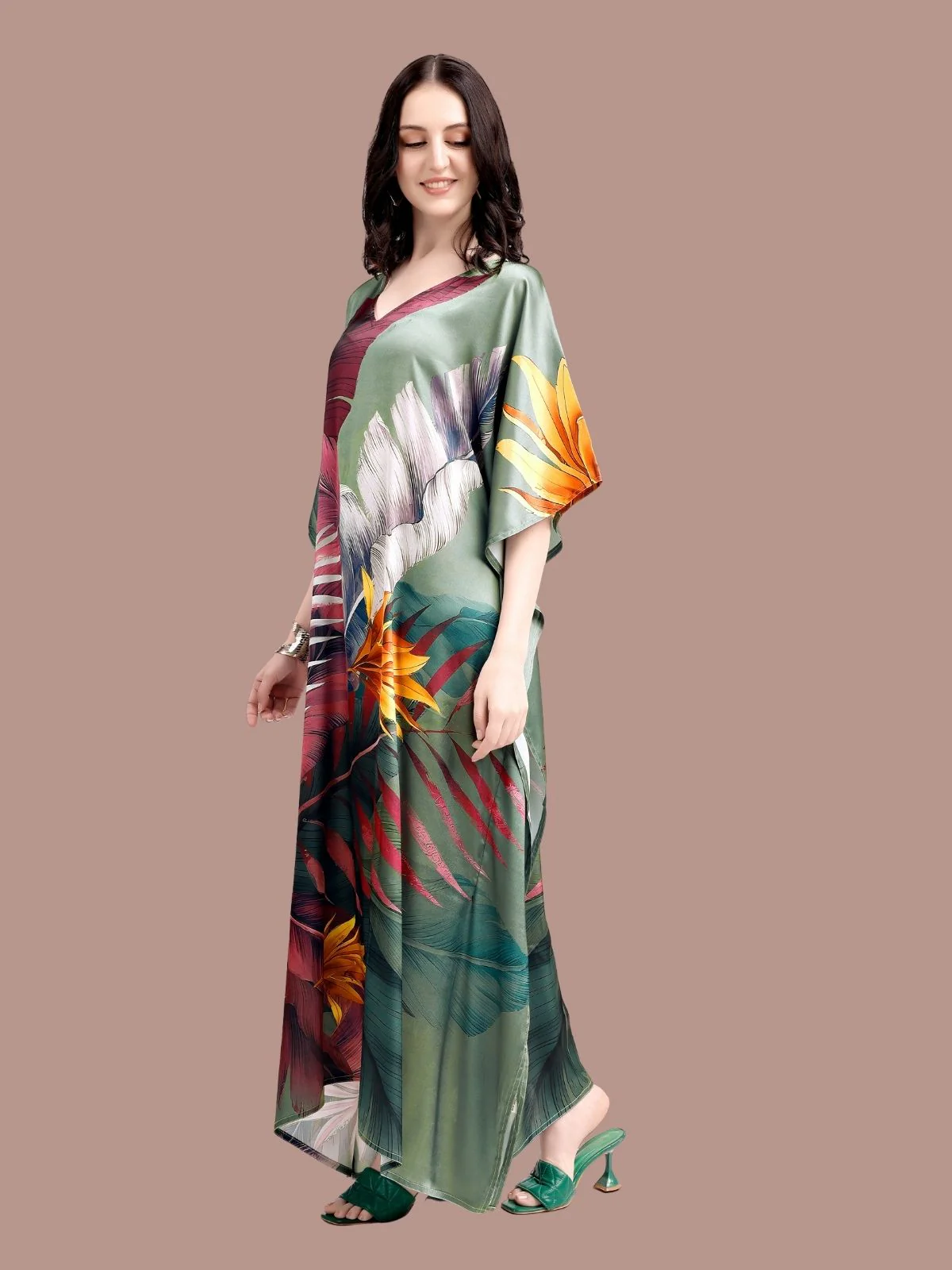 Odette Olive Green Satin Printed Kaftan For Women - Image 2