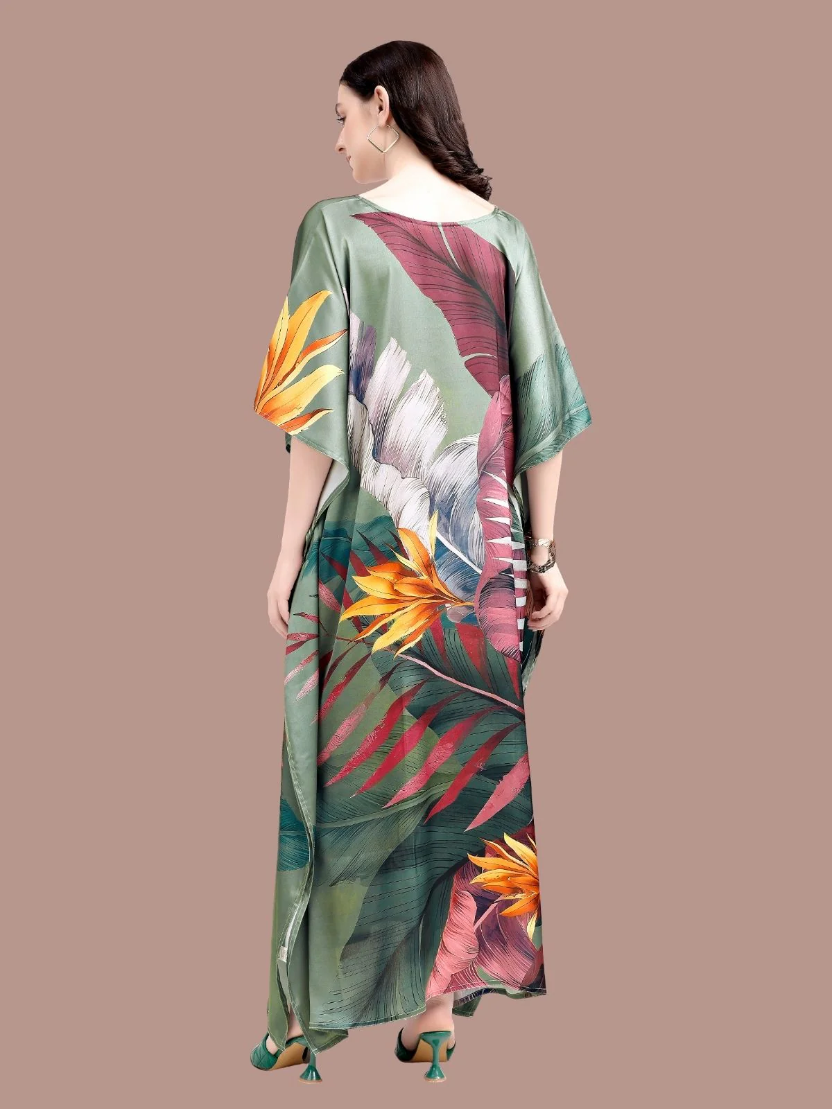 Odette Olive Green Satin Printed Kaftan For Women - Image 3