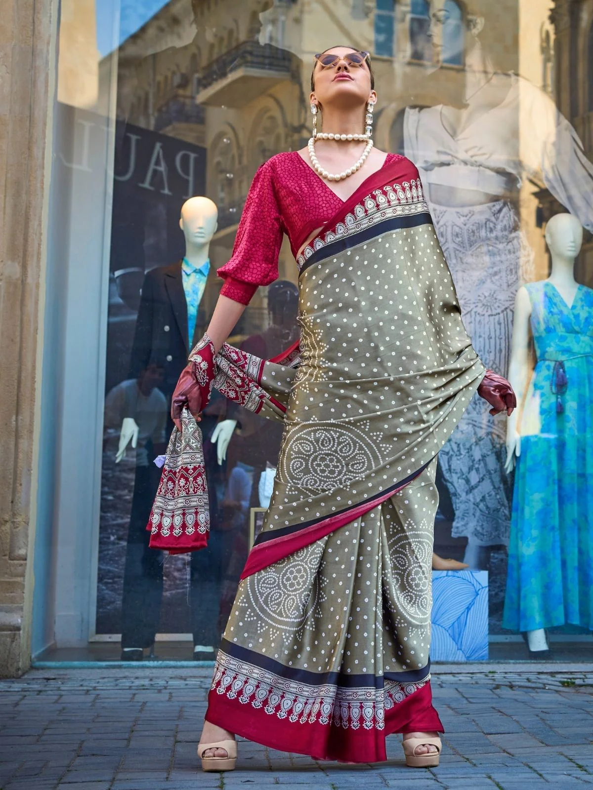 Odette Olive Satin Printed Saree With Unstitched Blouse For Women - Image 2