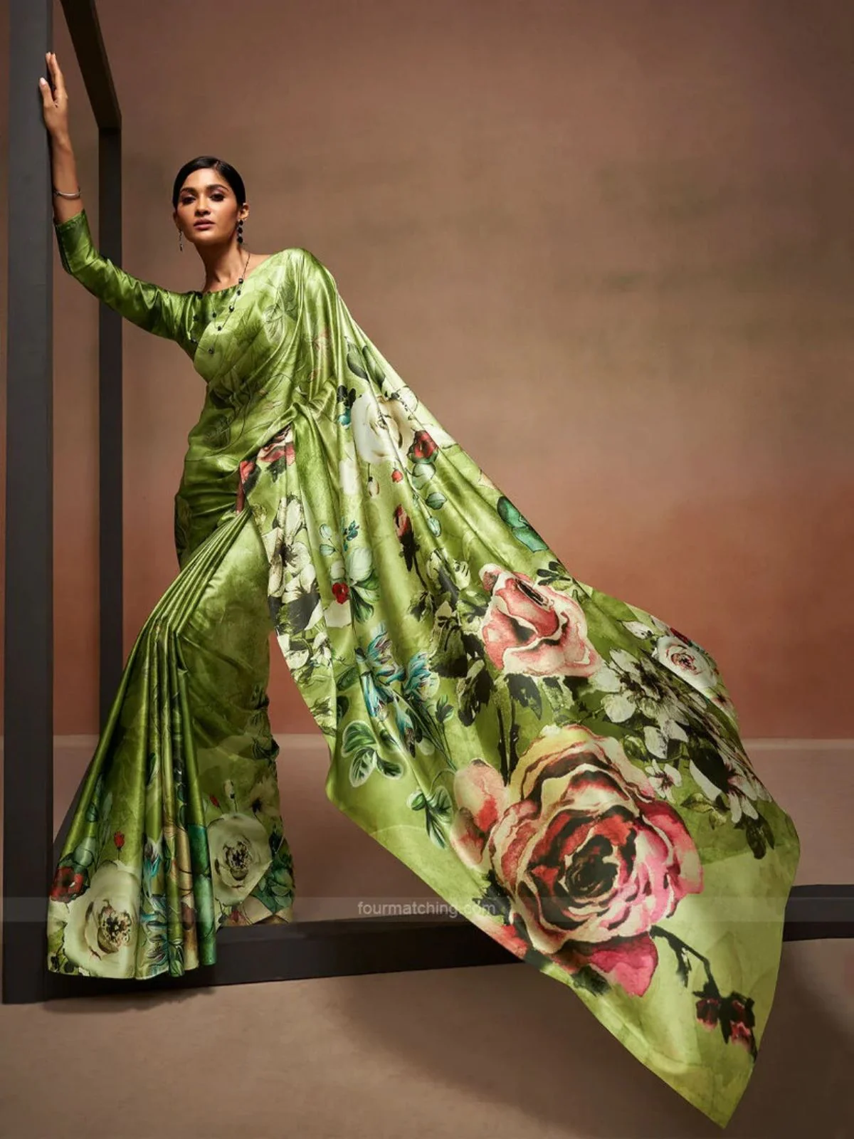 Odette Olive Satin Printed Saree With Unstitched Blouse For Women - Image 2