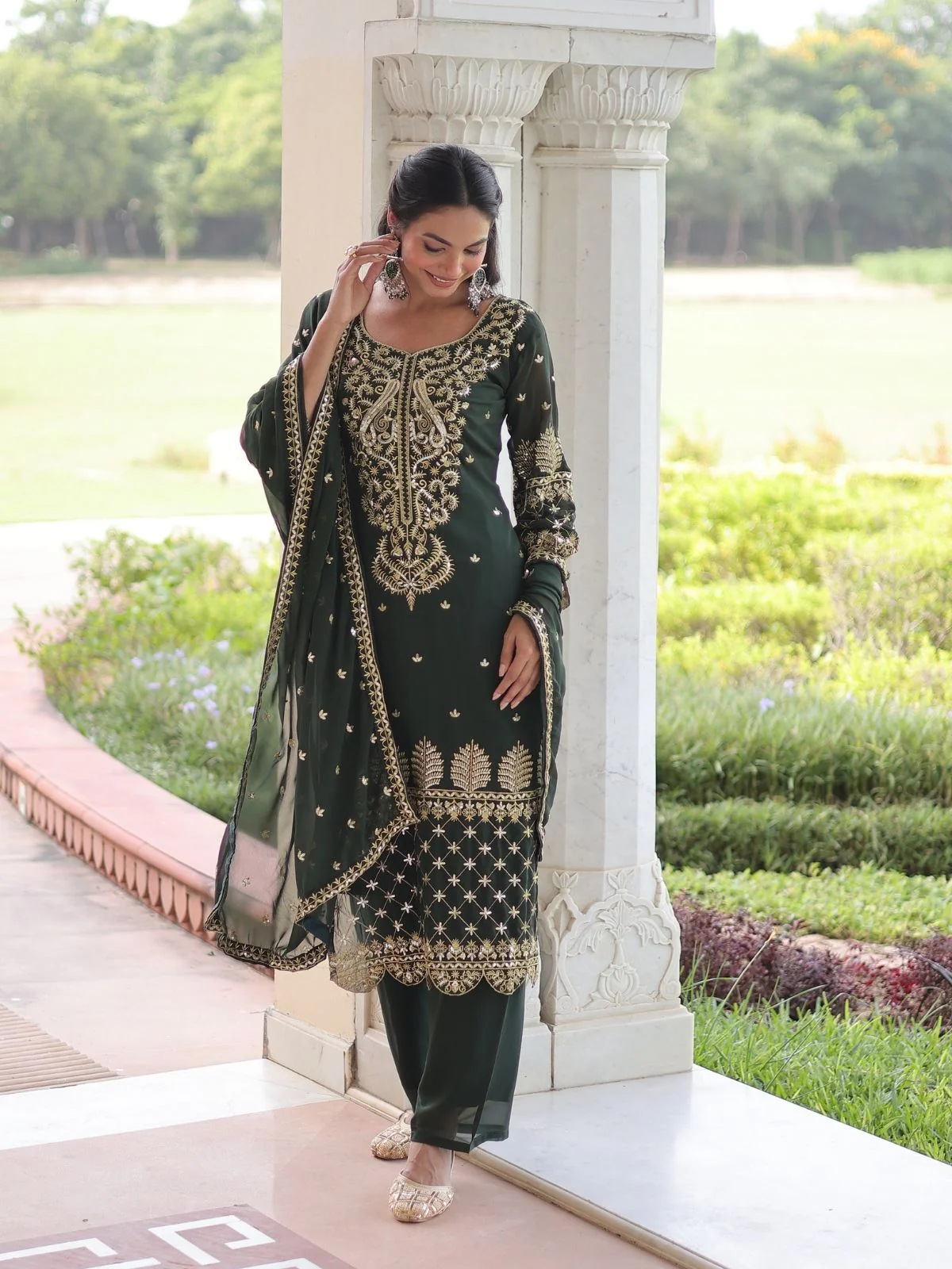 Odette Olive Silk Blend Embellished Kurta Set For Women - Image 2