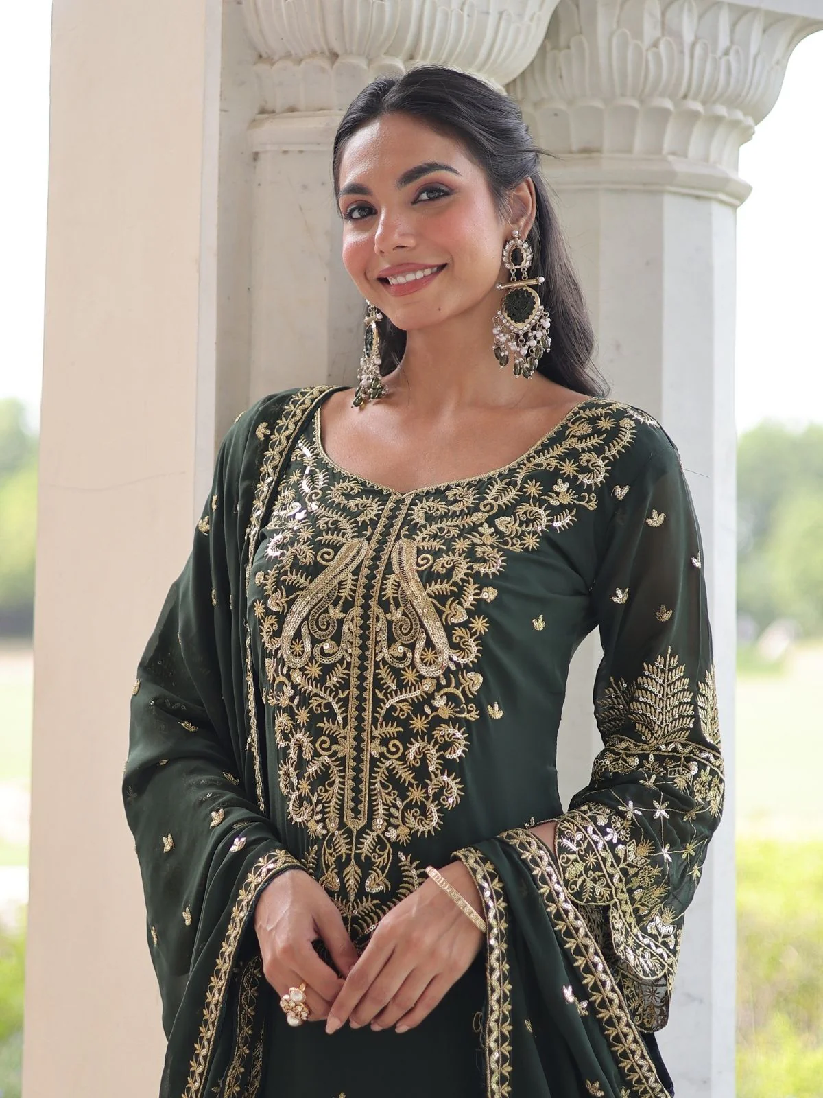 Odette Olive Silk Blend Embellished Kurta Set For Women - Image 4