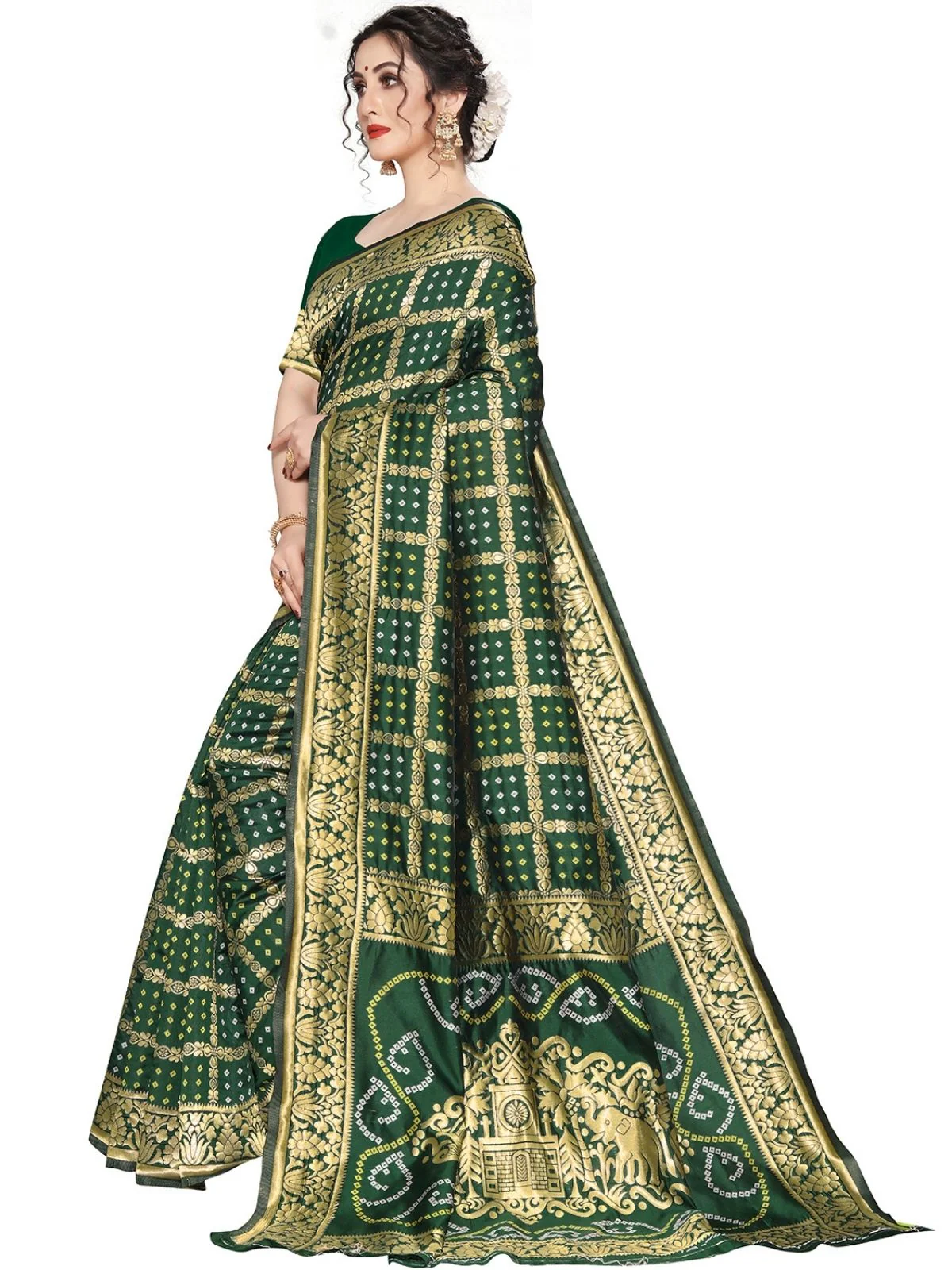 Odette Olive Silk Blend Embellished Saree For Women - Image 2