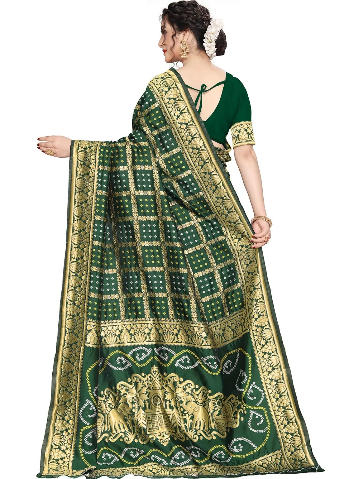 Odette Olive Silk Blend Embellished Saree For Women - Image 3