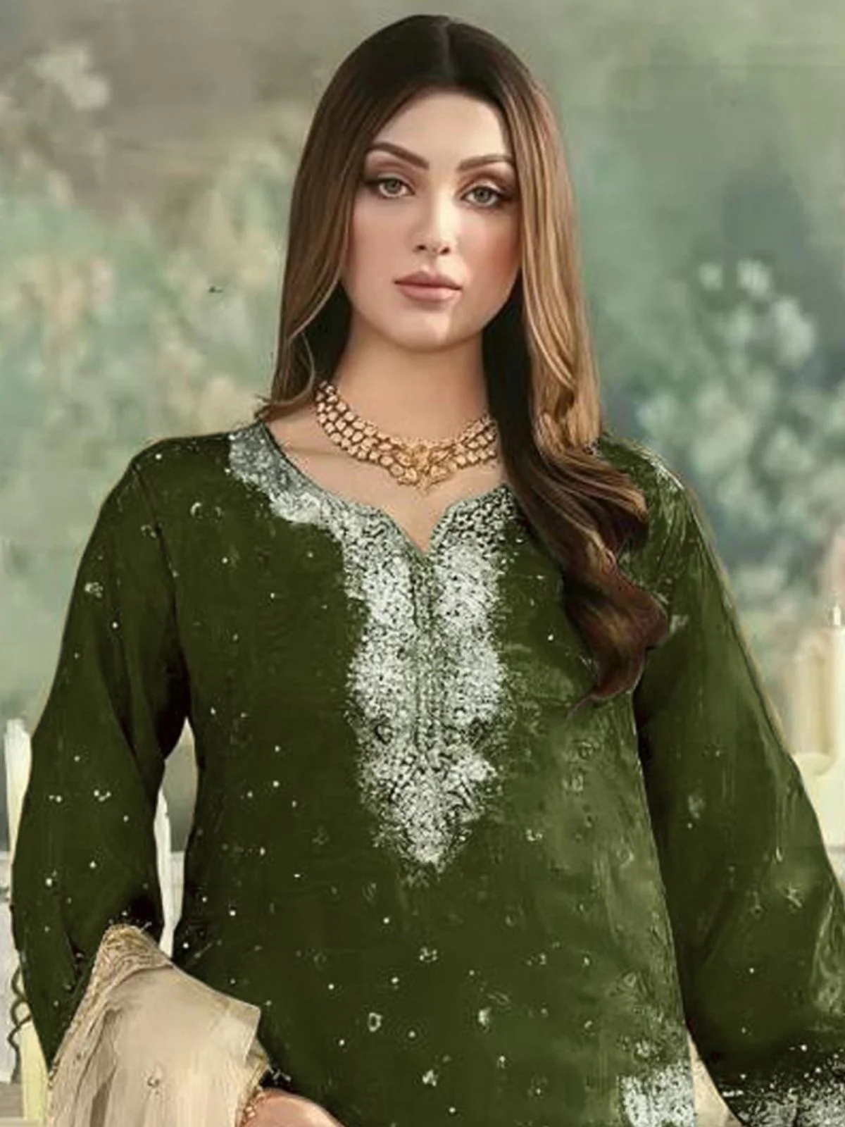 Odette Olive Silk Blend Embellished Semi Stitched Kurta Set For Women - Image 2