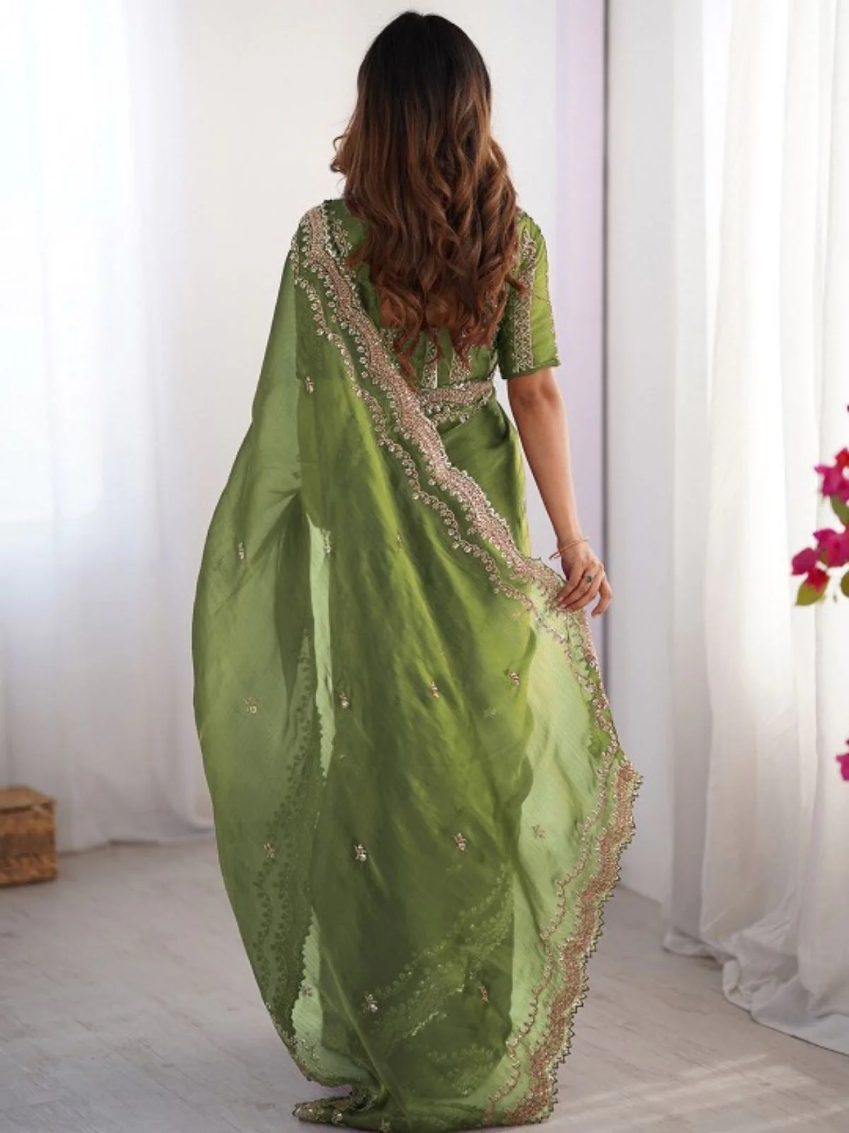 Odette Olive Silk Blend Embellished Solid Saree For Women - Image 2