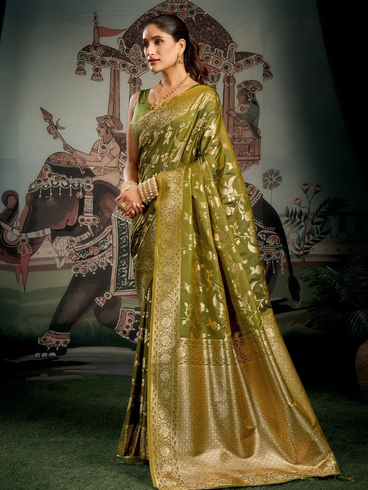 Odette Olive Silk Blend Woven Saree For Women - Image 2